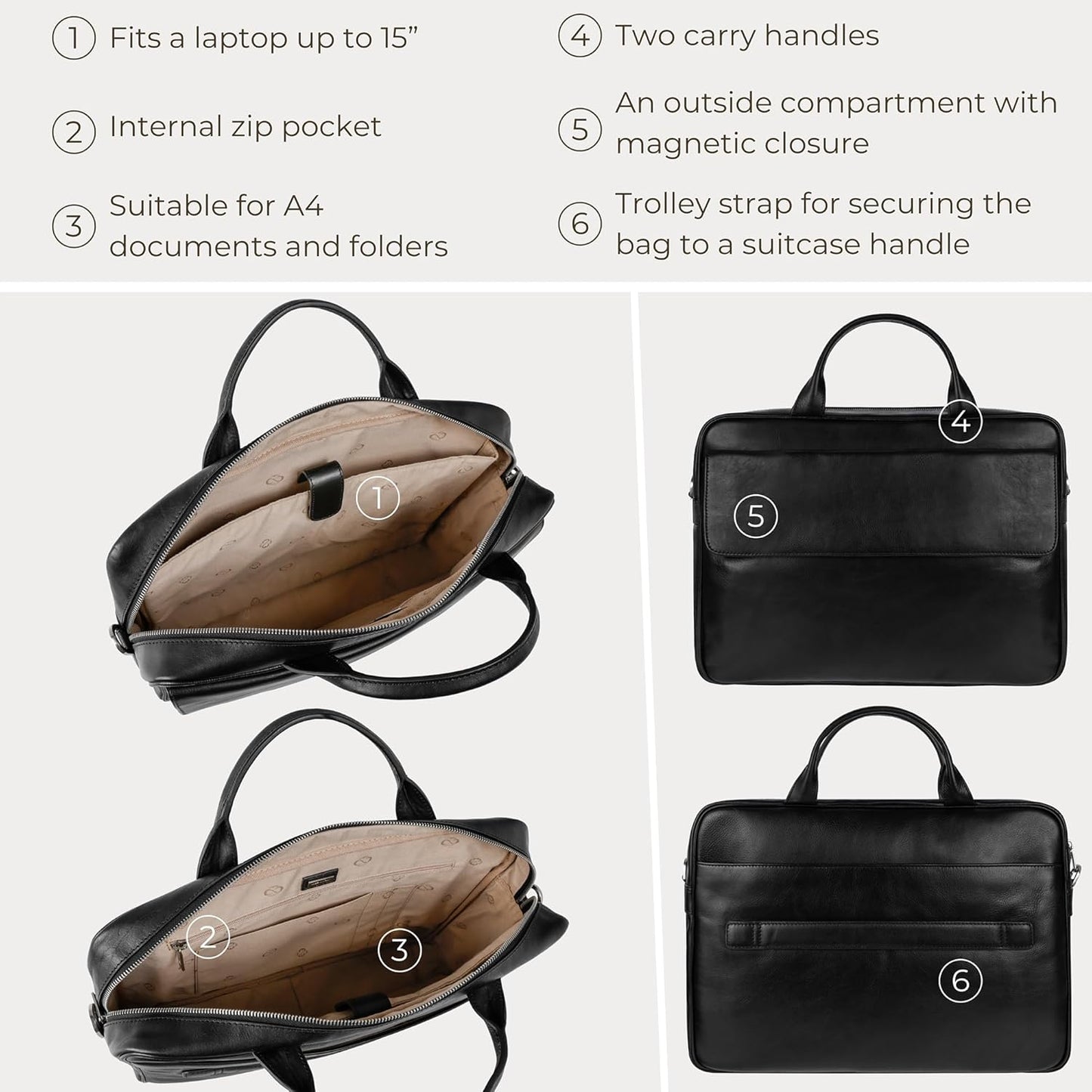 Time Resistance Leather Briefcase - Italian Handmade Leather Laptop Bag - Handbag for Men - Professional Computer Case