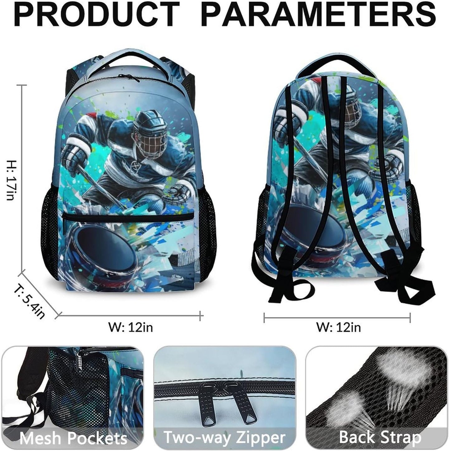 Hockey School Backpacks for Boys, Hockey Bookbag for Students Teens 10-12, 17 Inch Lightweight with Pockets Daypack Bookbag for Primary Travel Camping, Back to School Essentials
