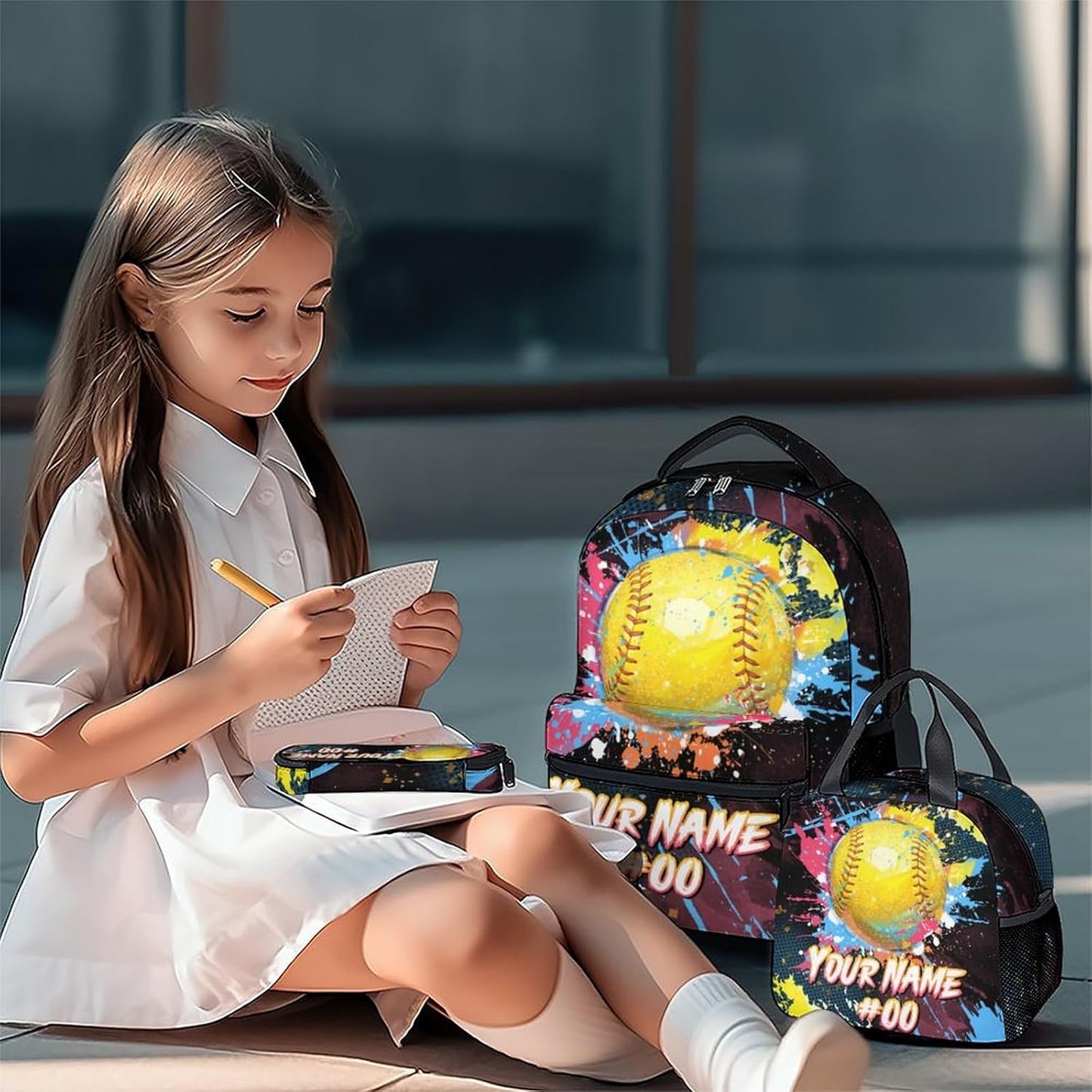 COZYAURA Custom Backpack Set - Softball Backpacks for Girls - Kids Bookbag for Elementary Middle School - Personalized School Bag with Lunch Box & Pencil Case
