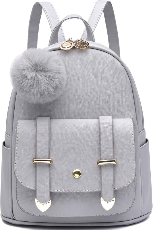 I IHAYNER Girls Fashion Backpack Mini Backpack Purse for Women Teenage Girls Purses PU Leather Pompom Backpack Shoulder Bag