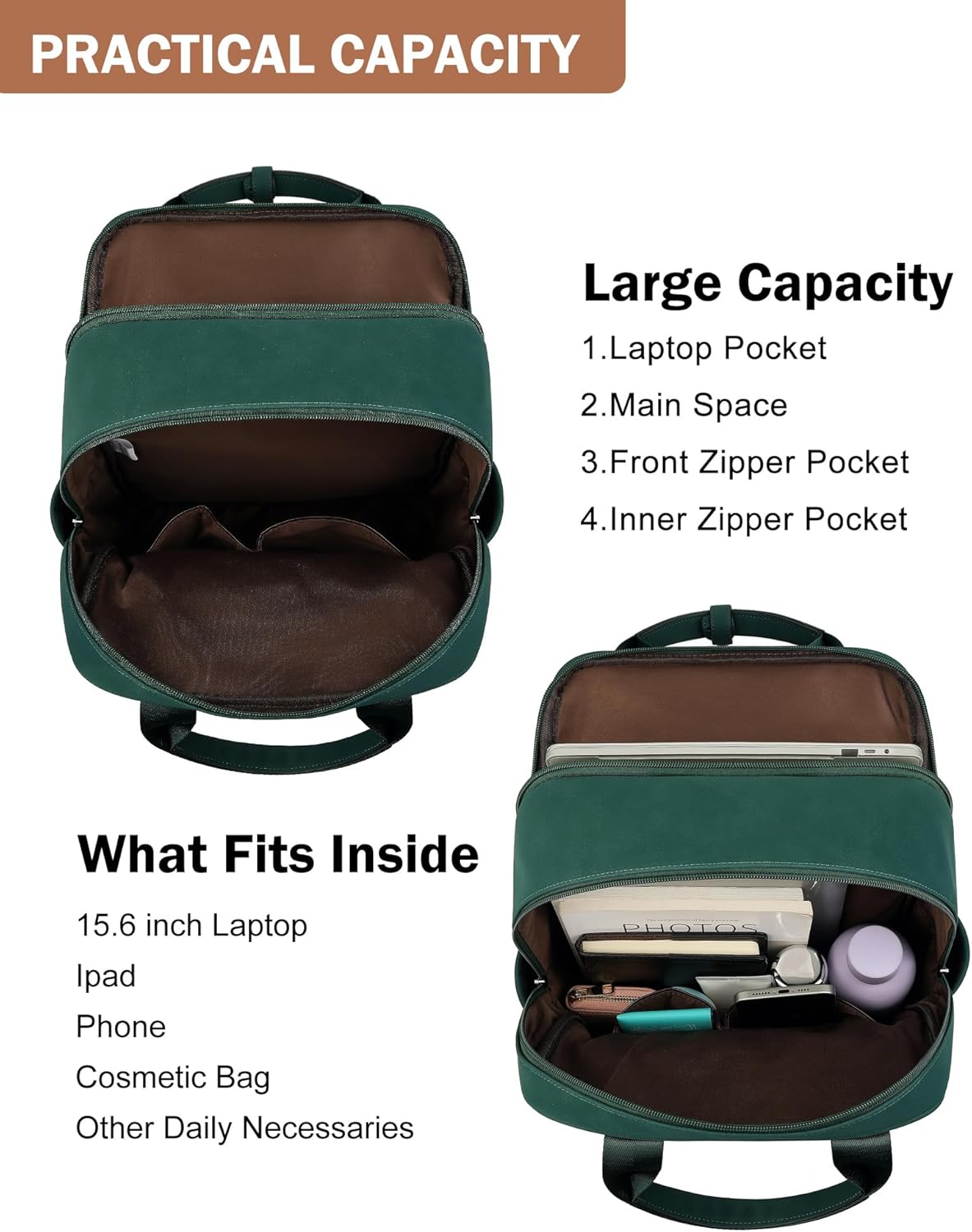 MASINTOR Leather Laptop Backpack for Women, Stylish Computer Backpack College Business Work Shoulder Bags Work and Travel Retro Green
