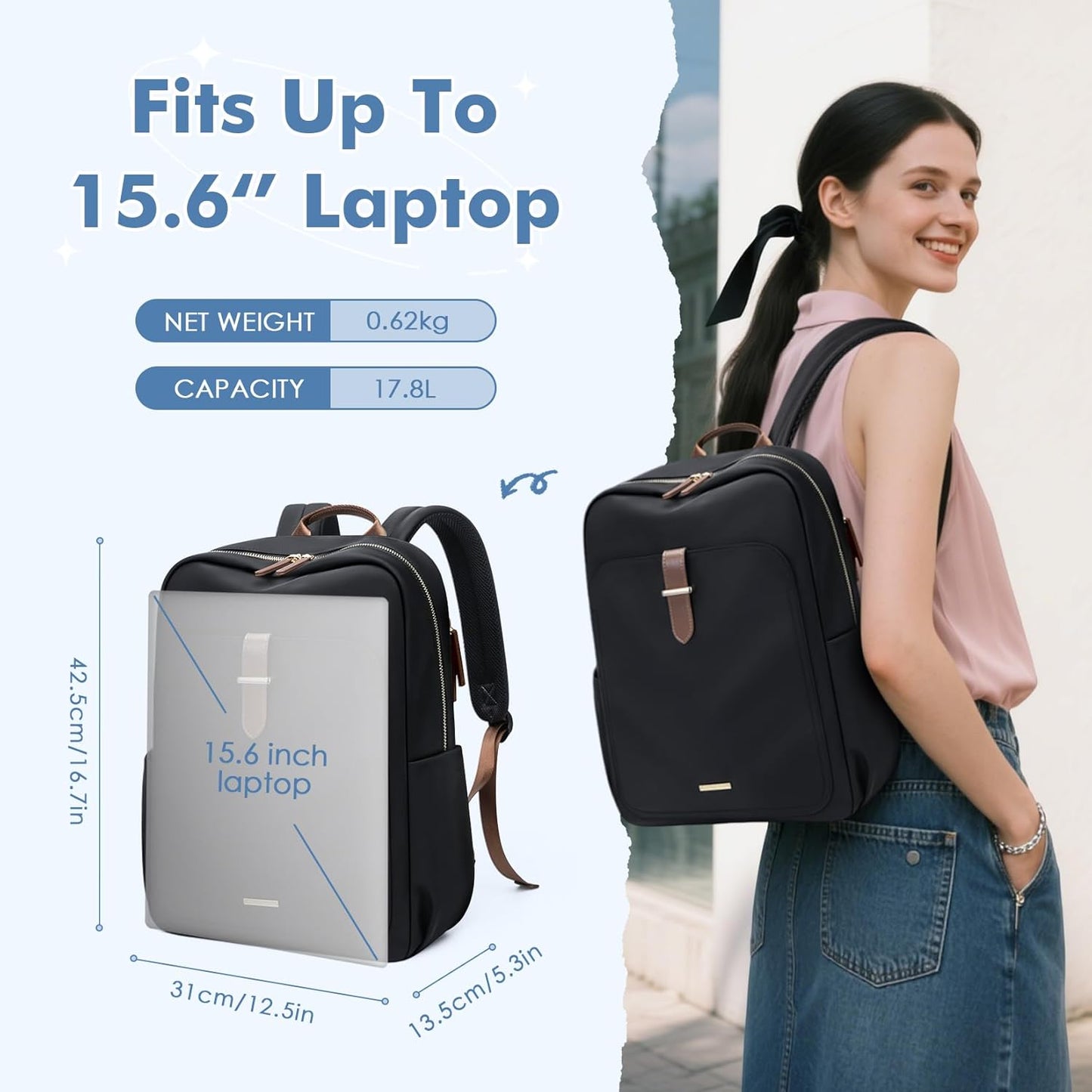 Laptop Backpack for Women,Casual Work Business Backpacks Purse Carry on Travel Backpack,15.6 Inch,Black
