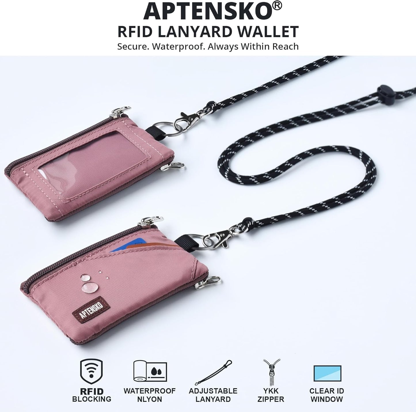 RFID Travel Wallet with Adjustable Lanyard-Zipper Small Wallet with ID Card Holder, Keychain for women&men-Minimalist Slim Waterproof Nylon case for ID, Cash, Key (Warm Mauve)
