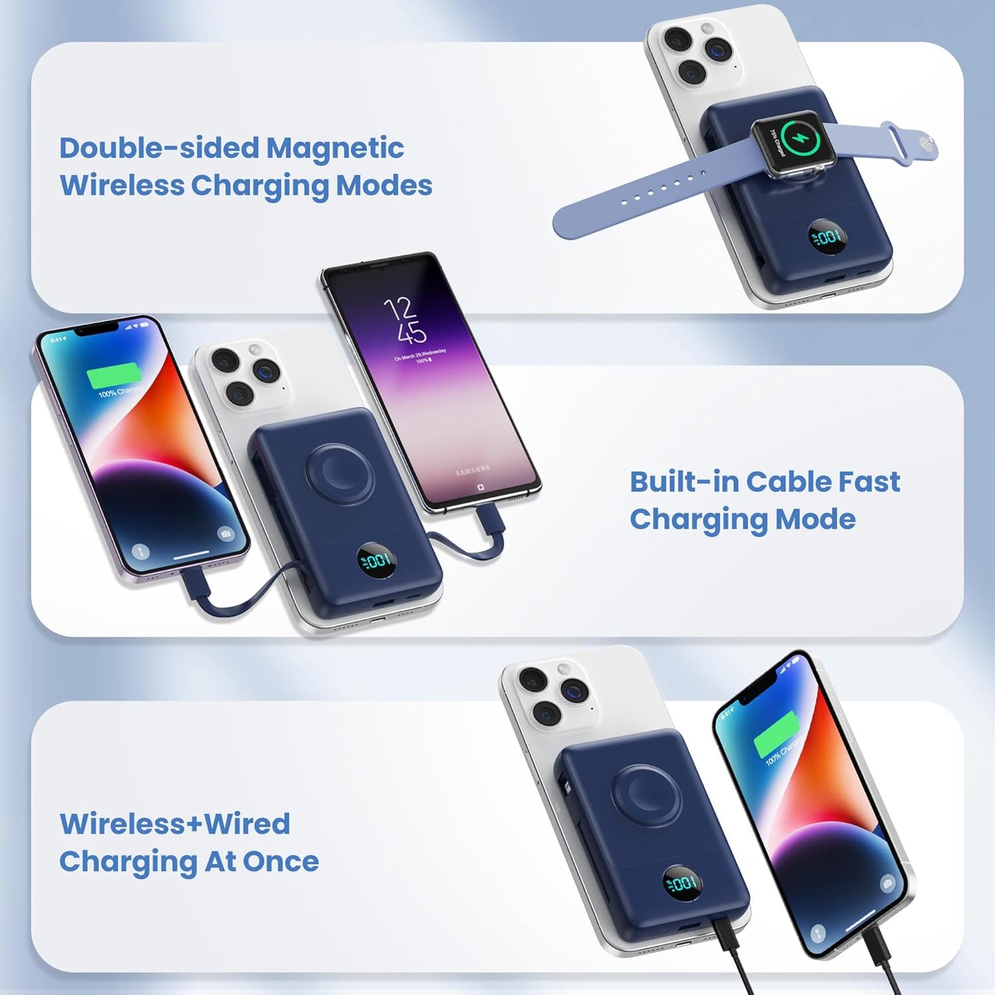 Magnetic Portable Charger for iPhone with Built-in Cables, 6-in-1 10800mAh Power Bank with iWatch Charger & LCD Display,25W Fast Charging Battery Pack for iPhone 17/16/15/14/13/12,Apple Watch (Blue)