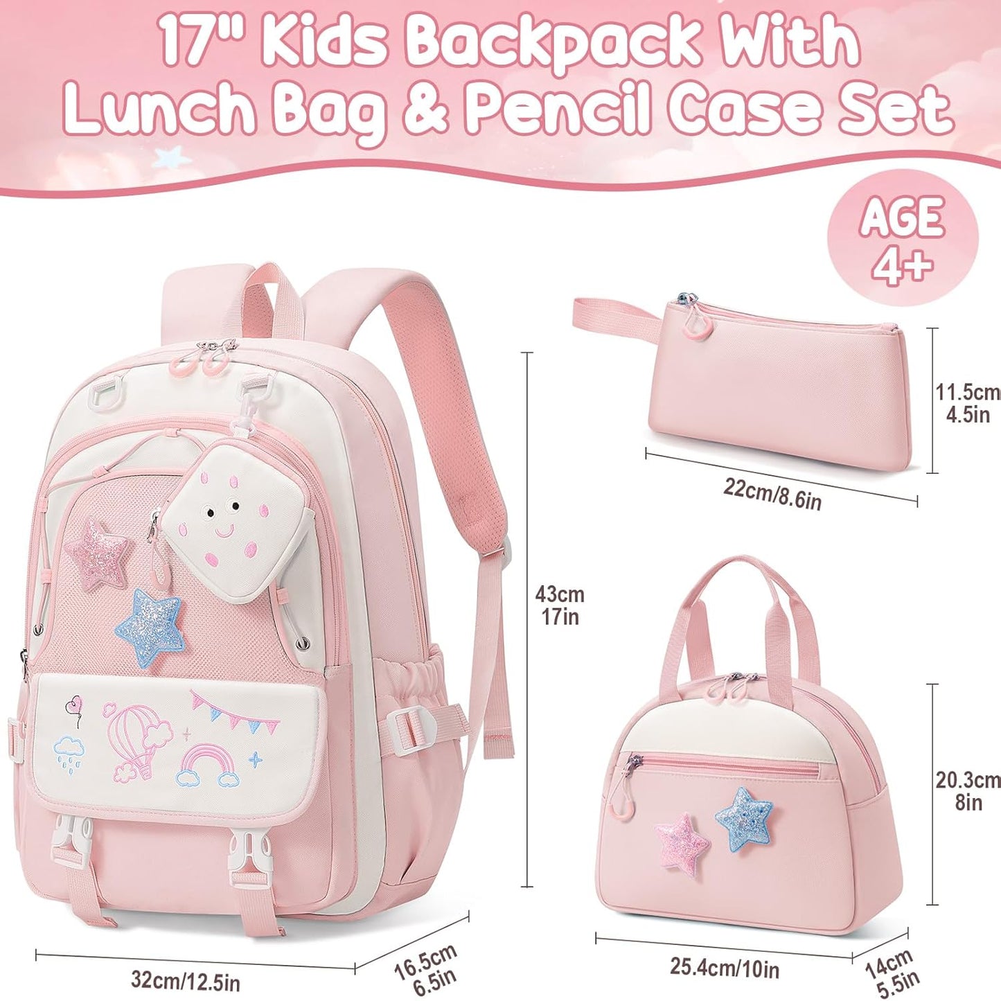 Fimibuke Kids Backpack for Girls, 4 PCS Waterproof Teen Girls Backpack with Lunch Box, Pencil Case & Headphone Bag Set, Cute Kids Bookbag Travel School Bag for Elementary Middle High School Student
