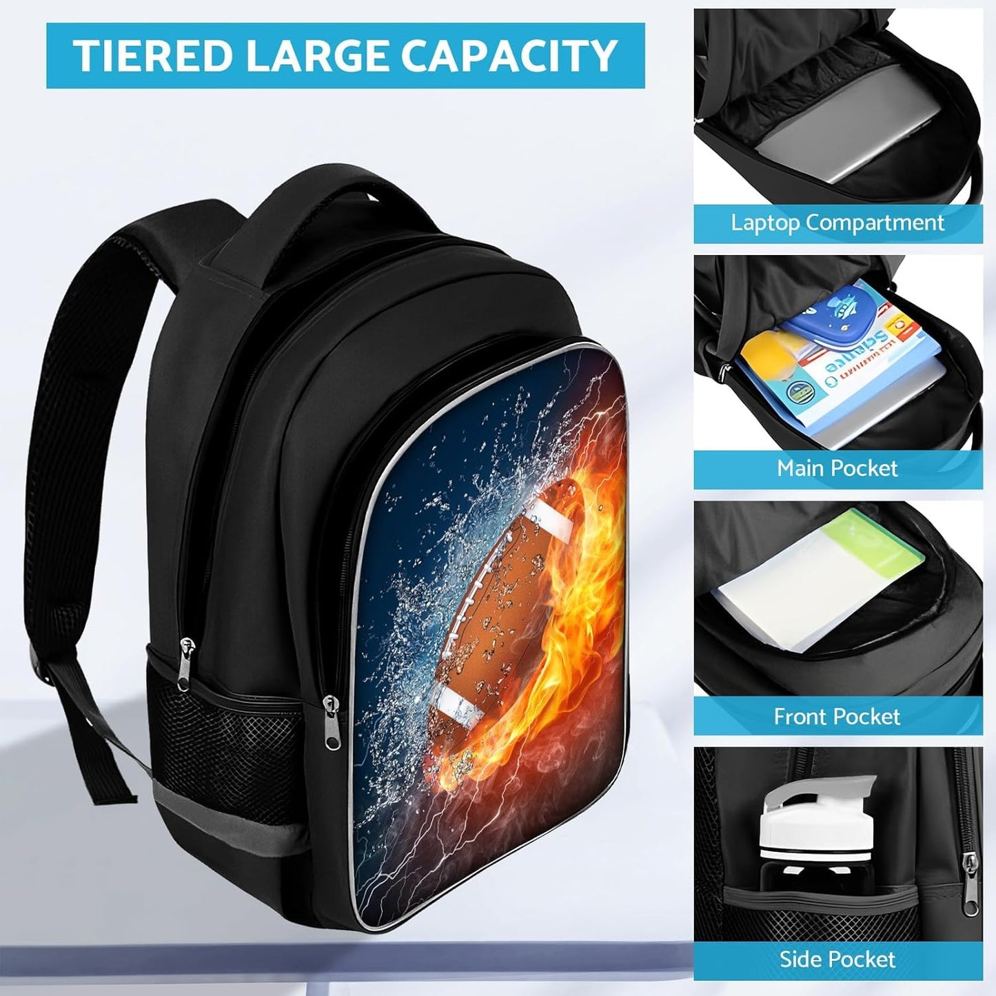 School Backpack for Boys - American Football Boys Backpack for Kids Children Teens Elementary Middle School - Students Bag for Ages 6-18,17″Bookbag Multifunctional Large Capacity