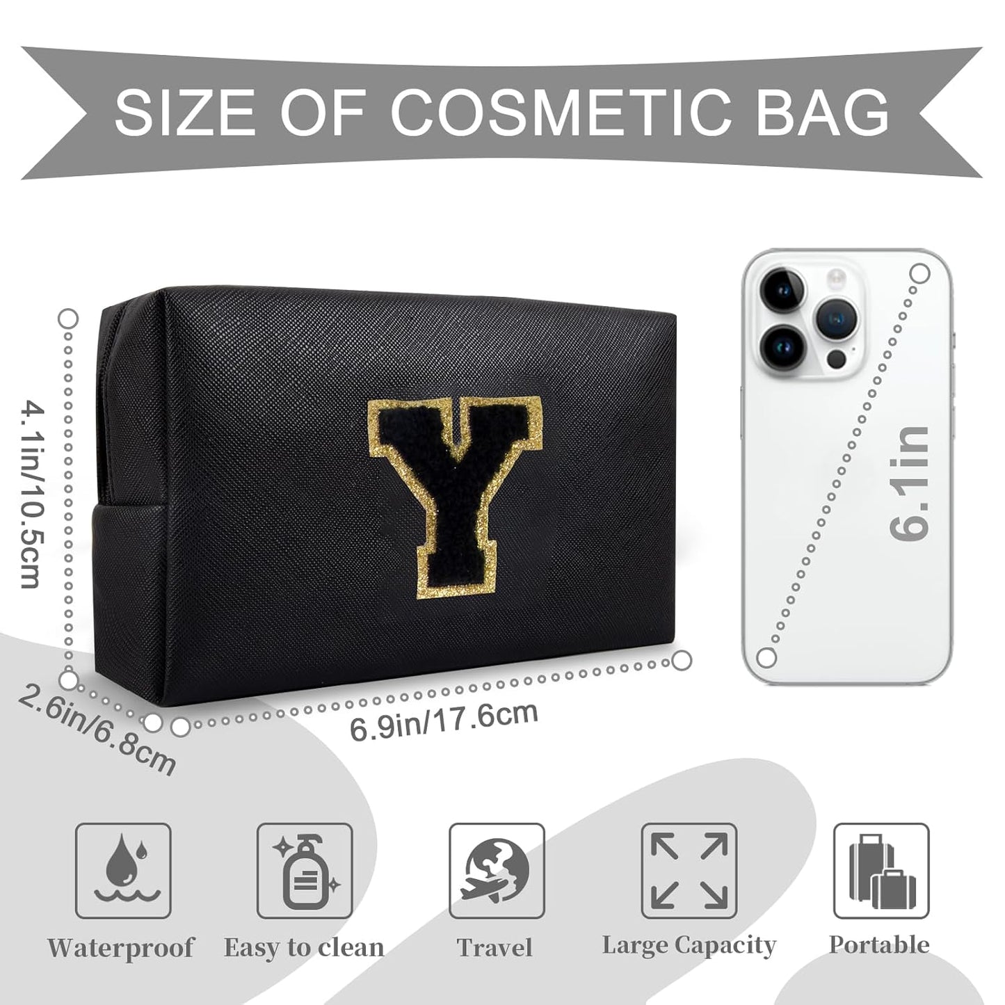 Personalized Initial A-Z Preppy Patch Makeup Bag,Small PU Chenille Letter Cosmetic Bag with Zipper for Teen Girls,Black Cute Toiletry Organizer Bag,Monogram Makeup Case Gift for Women Girls,Letter Y