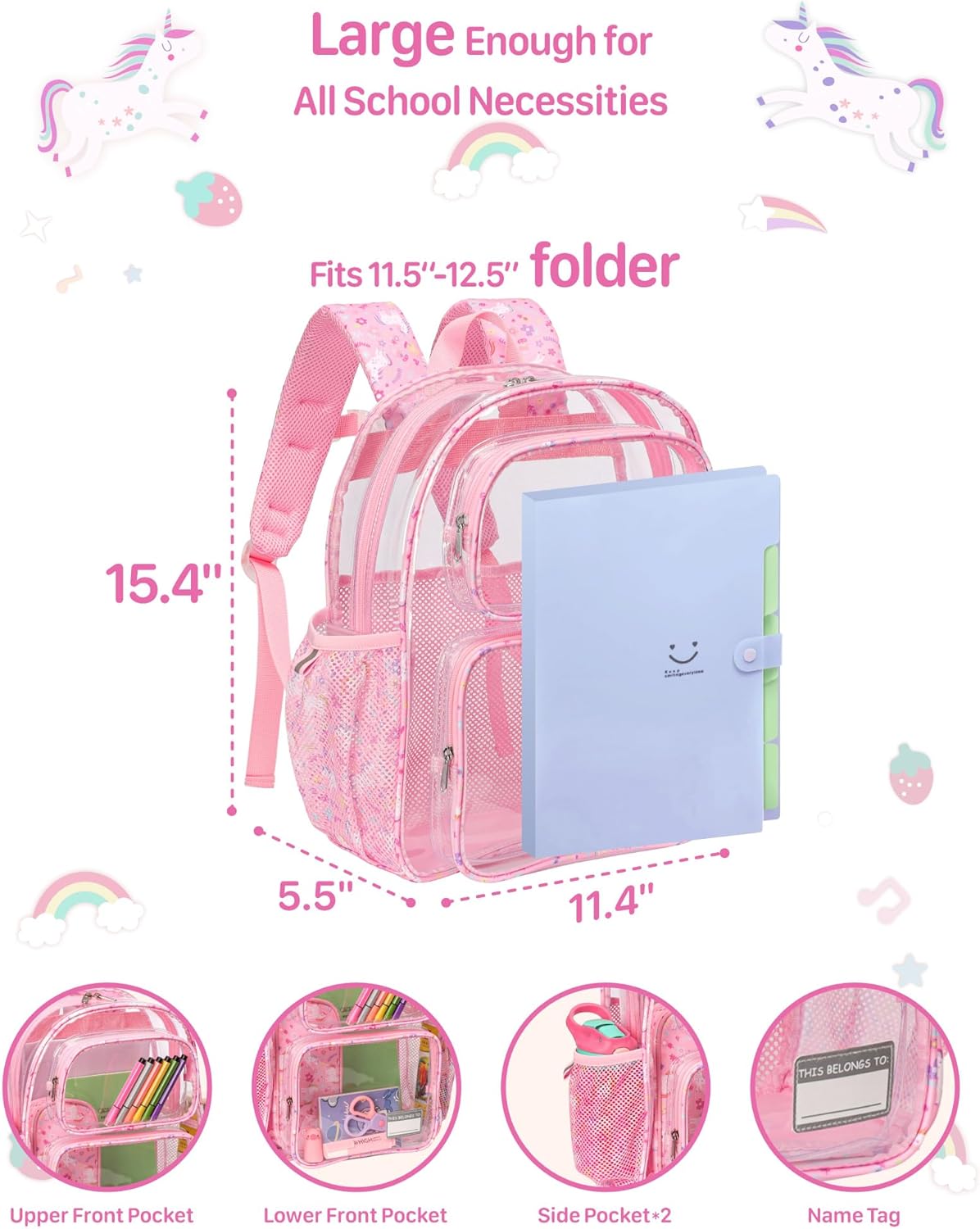 Bagseri 3pcs Clear Backpack for Girls - 15 Inch Backpack and Clear Lunch Bag and Pencil Case Set, Heavy Duty Transparent Bookbag for School, See Through Bag for Kids Aged 3 to 8, Pink Unicorn