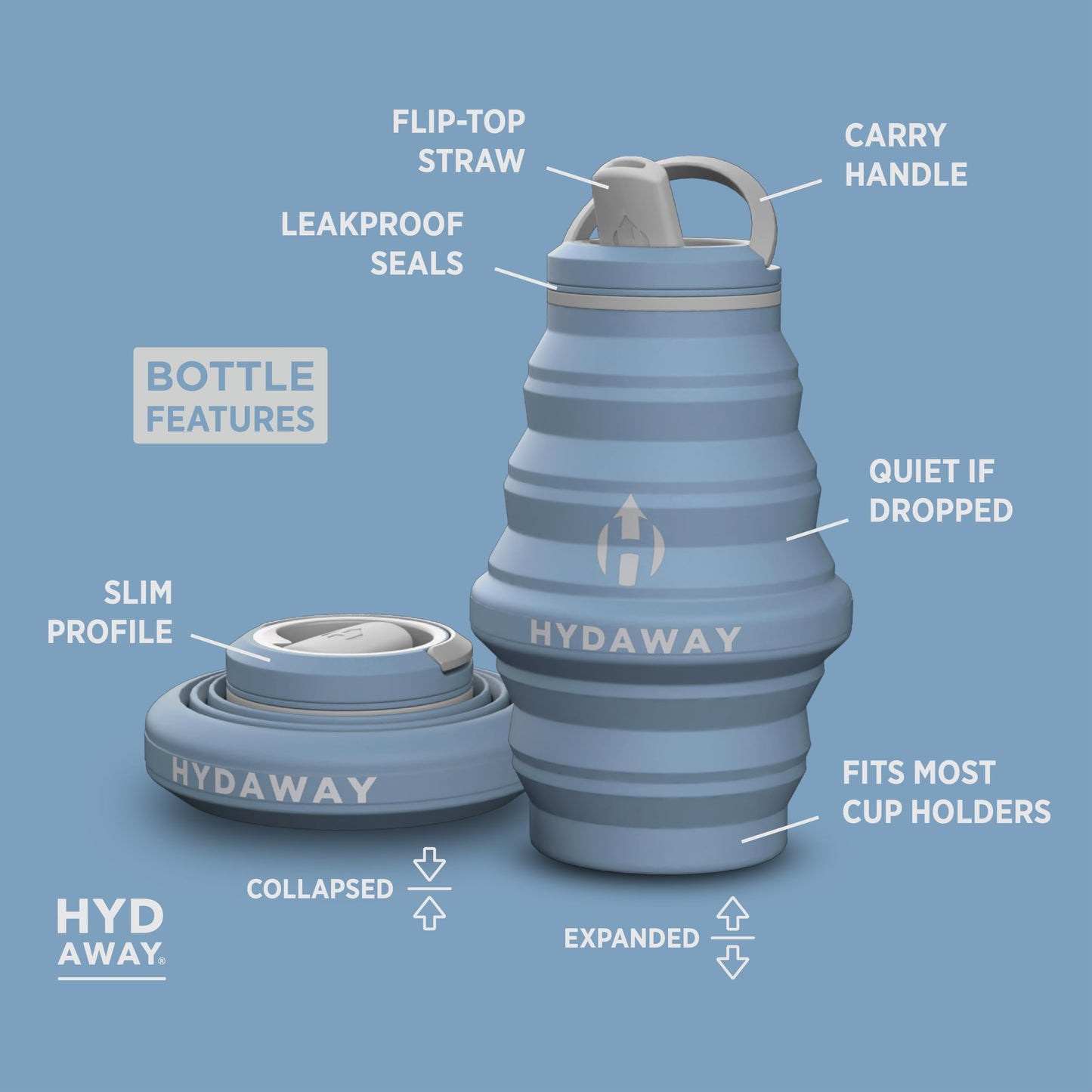 HYDAWAY 17oz Collapsible Water Bottle, Packable Leakproof for Travel