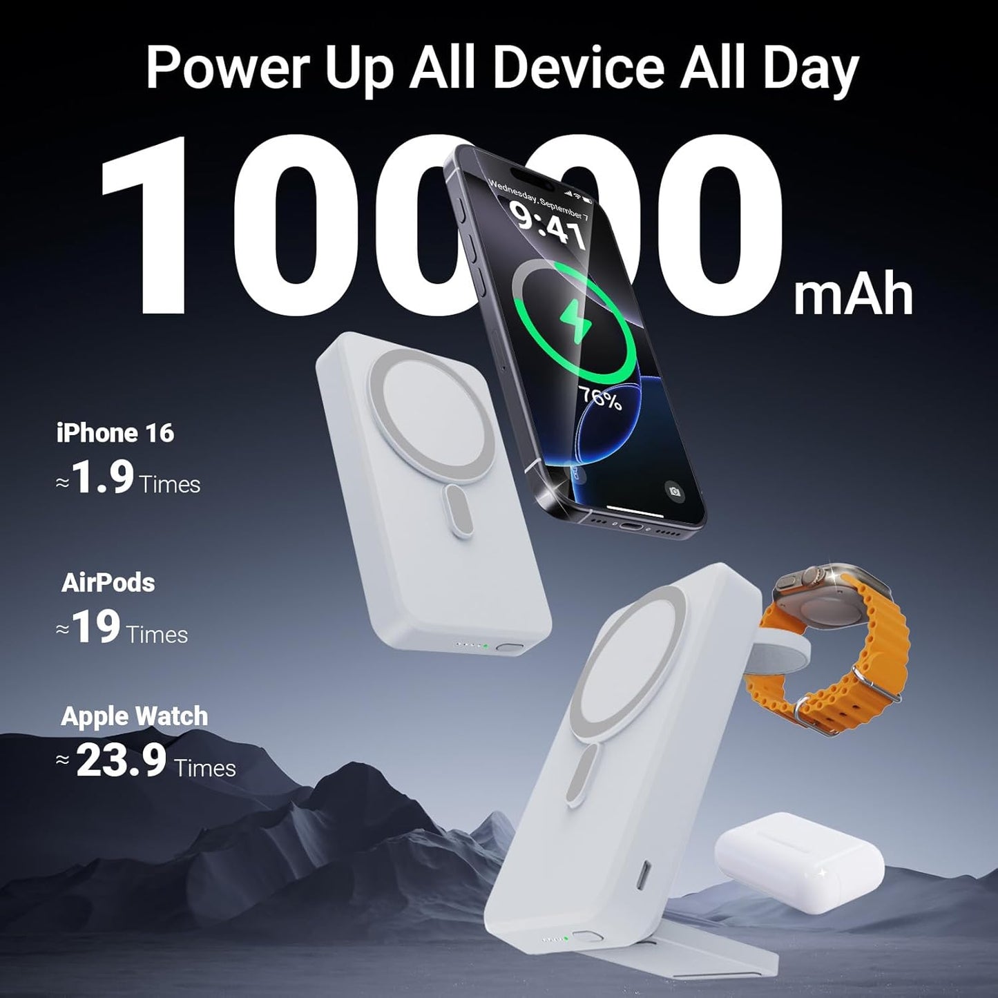 3-in-1 Portable Charger, 10000mAh Foldable Power Bank Fast Charging,MagSafe Charger Battery Pack Magnetic,Travel Wireless Charging Station for iPhone 17/16/15/14/13/12,iWatch, Air pods, White