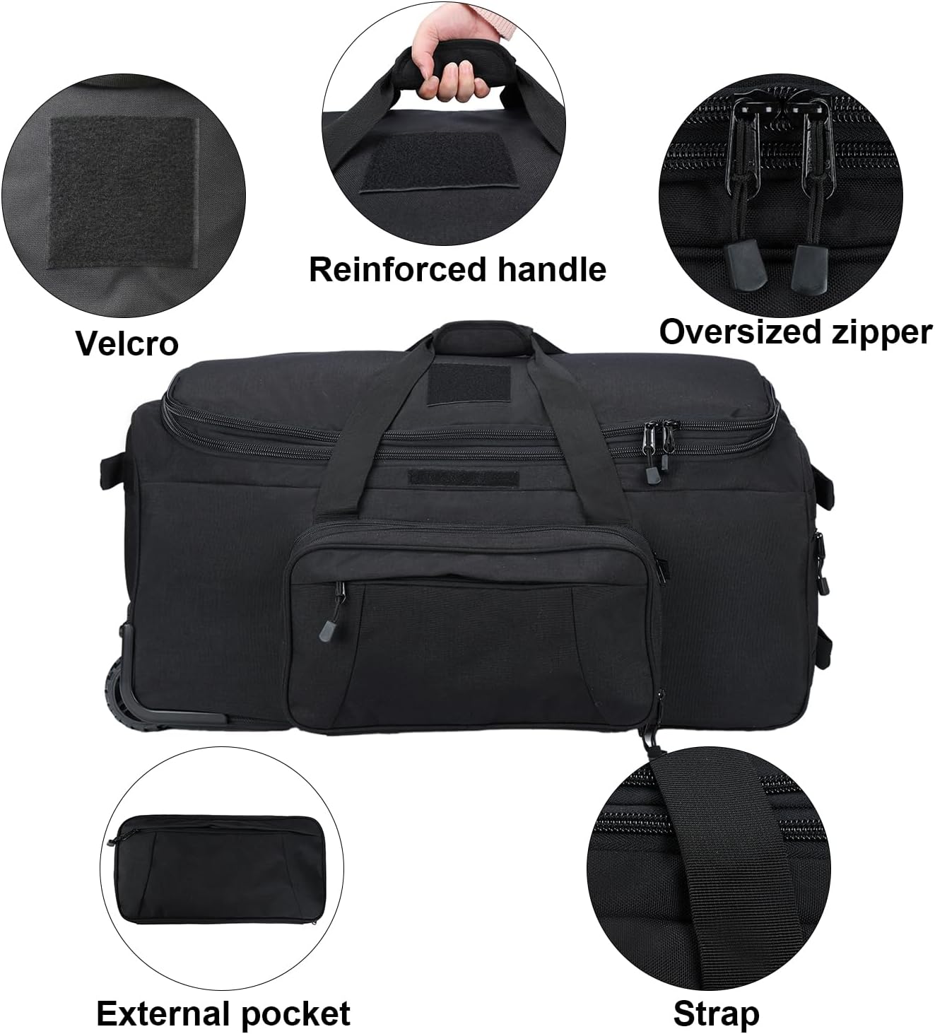 Military Wheeled Deployment Bag Large Tactical Heavy Duty Duffel Bag for Camping Hiking (Black)