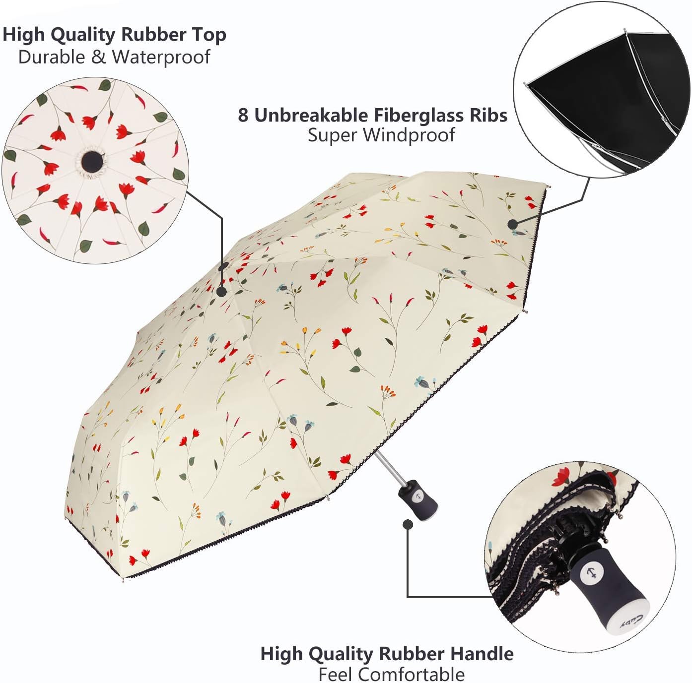 Cuby Travel Umbrella Compact Folding Auto Open and Close for Windproof, Rainproof & 99.9% UV Sun Protection Parasol with Black Anti-UV Coating (Flowers)