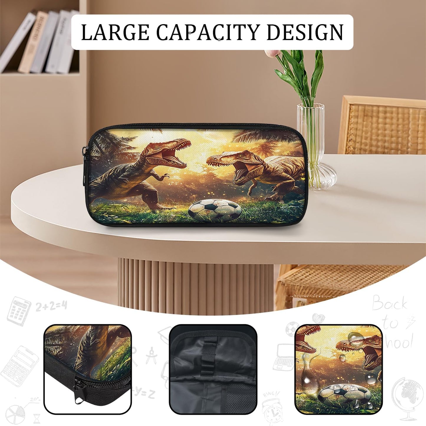 Funny Dinosaur Backpack Soccer School Bag 3PCS Backpack 16 Inch with Lunch Bag Set Lightweight for Teen Boys Girls Kids Elementary Middle School