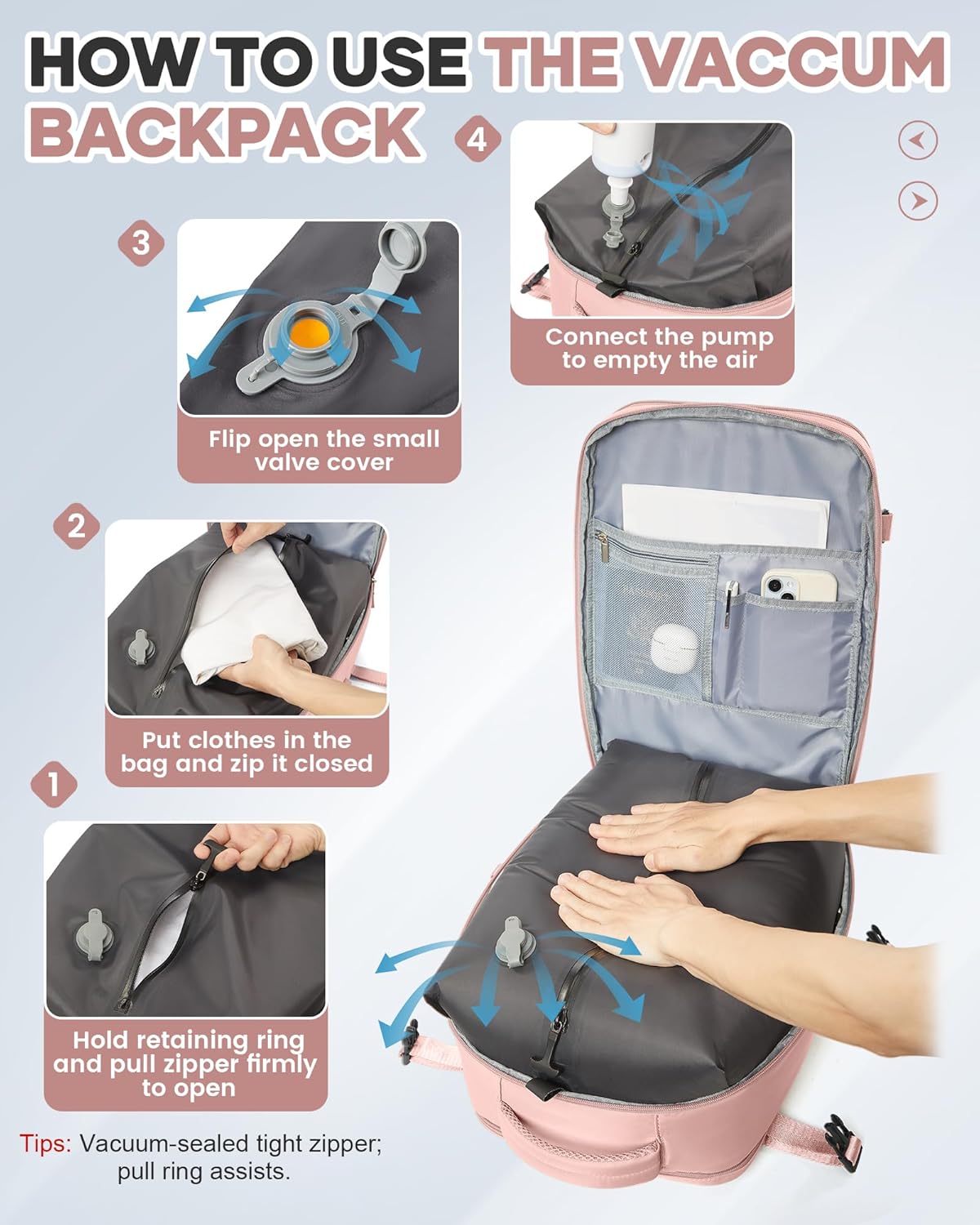 Vacuum Seal Travel Backpack with Air Pump,Compression Vacpack Waterproof Carry On Backpack for Travel Women Men with Vacuum System,Airlines Approved Daypack Laptop Space Saver Bags,Pink