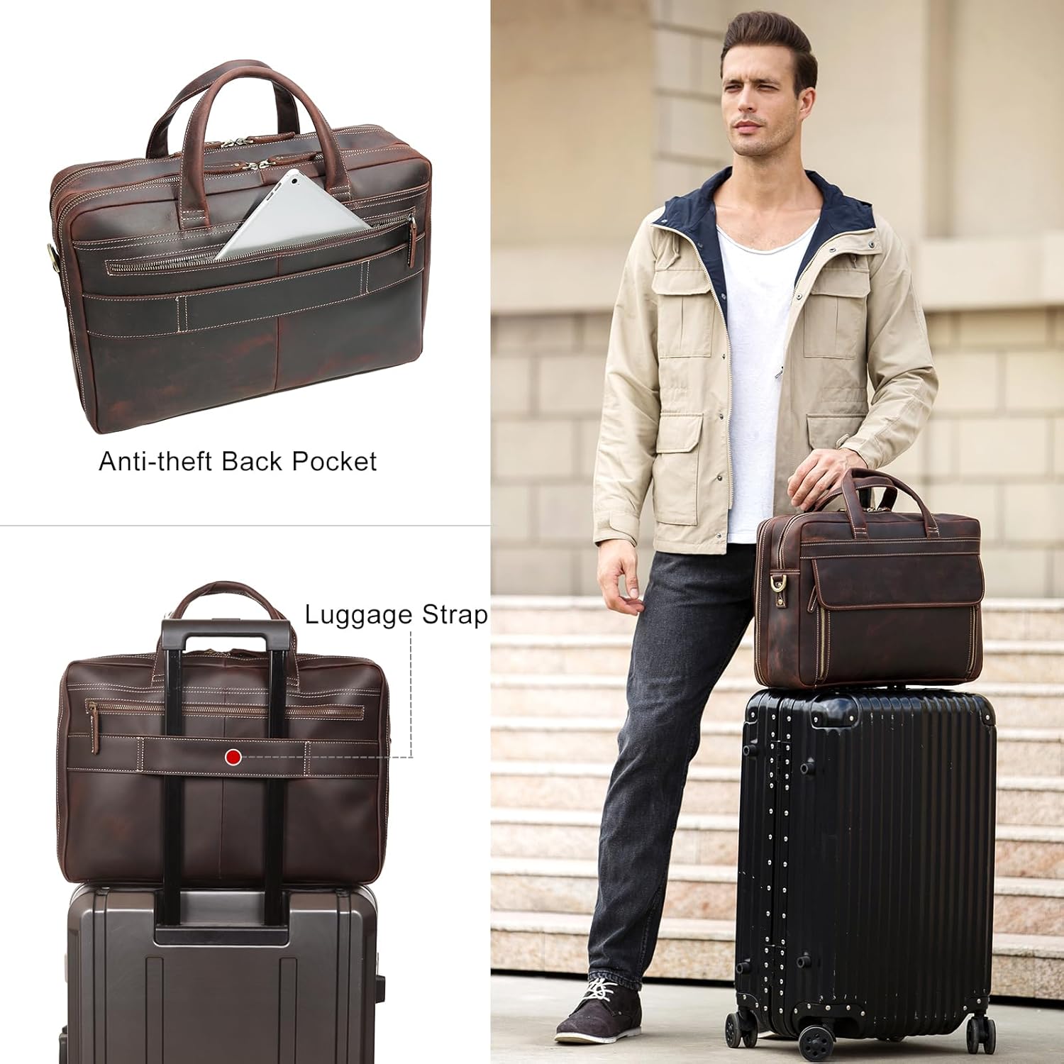 TIDING Leather Business Travel Briefcase for Men, Large 15.6" 17.3" Laptop Crossbody Shoulder