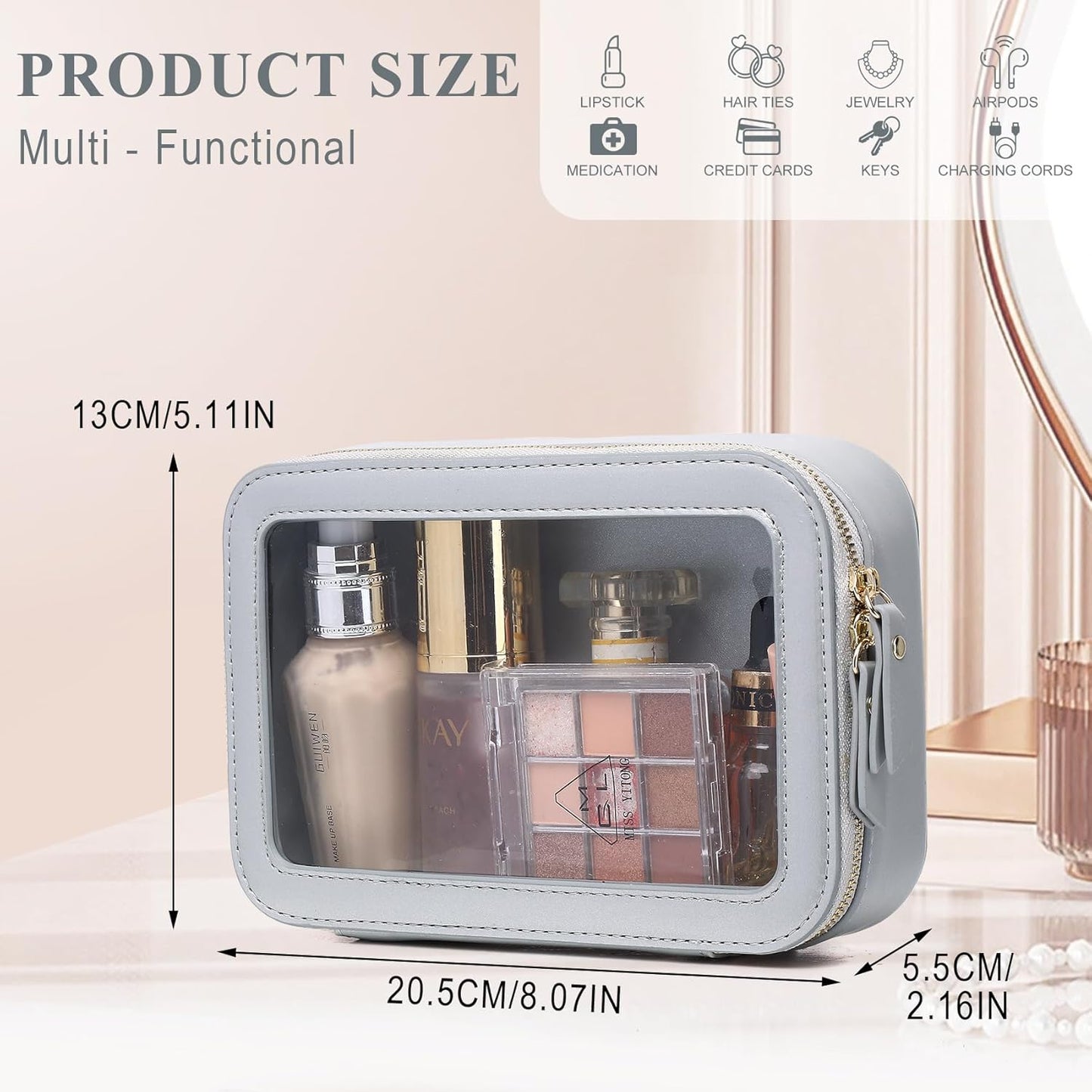 Clear Makeup Bag Small Cosmetic & Toiletry Bag Waterproof Travel Case Women's Pouch Organizer Makeup Bag for Car with Zipper Women (Gray, Small-1)