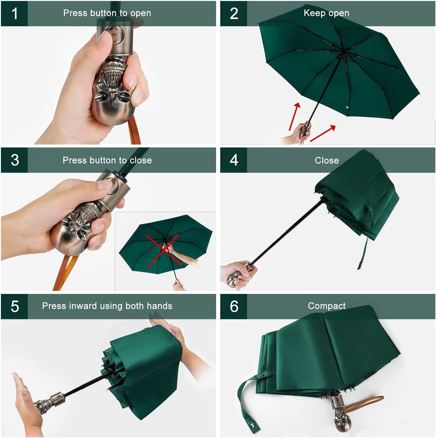Lejorain Mens Black Skull Umbrella - Automatic Luxury Travel Windproof Umbrella Compact - Portable Strong Lightweight Rain Umbrella for Adults