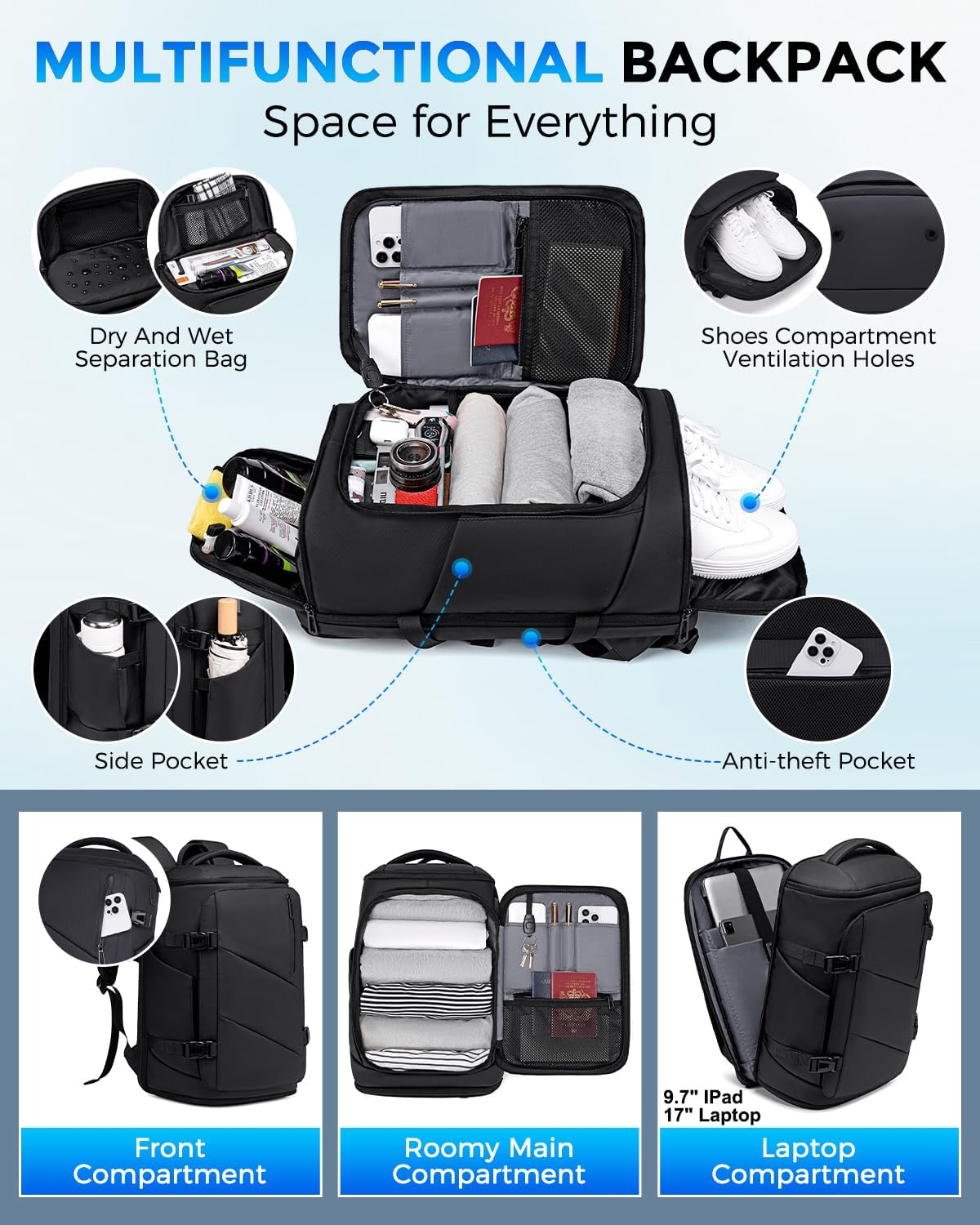 30L Travel Backpack for Men, Flight Approved Carry on Backpack Fits 17 inch Laptop, Water-resistant Large Luggage Weekender Bag Daypack for Traveling, Sports, Business, Black