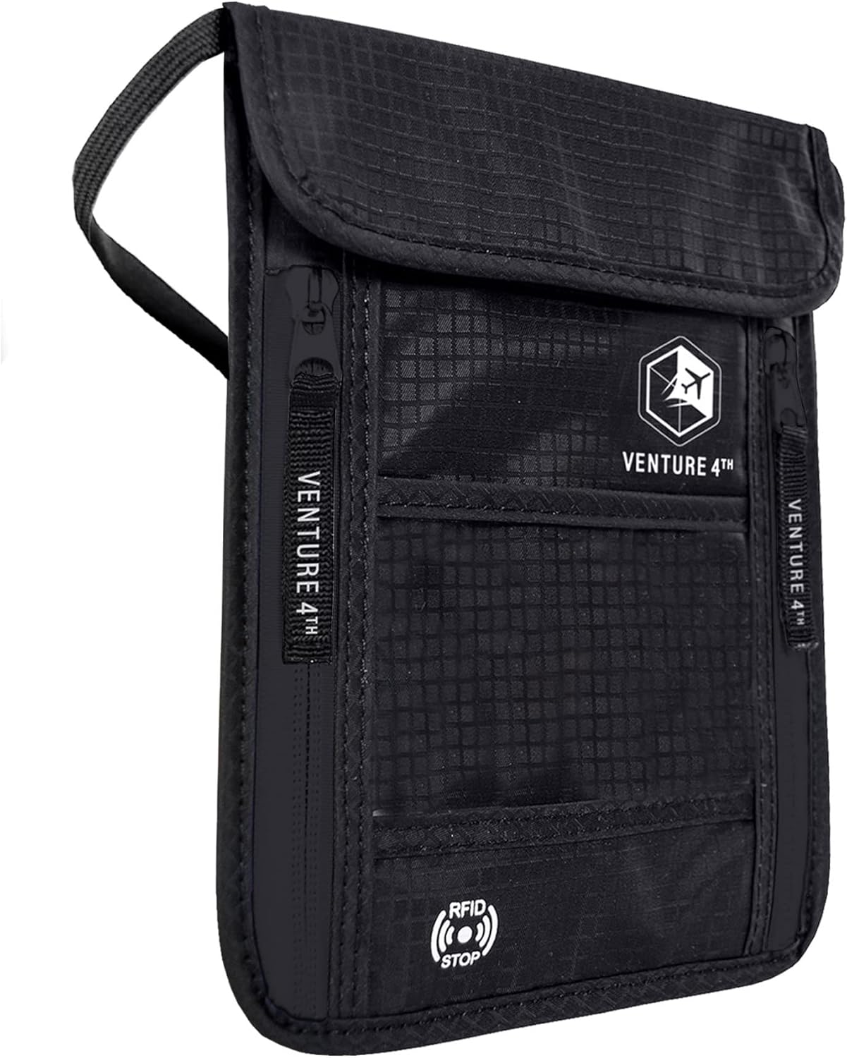 VENTURE 4TH Neck Wallet, RFID Blocking Passport Holder for Travel – Hidden Neck Pouch with 6 Compartments, Slim Lightweight Organizer with Adjustable Strap for Cash, Cards & Passport (Pure Black)