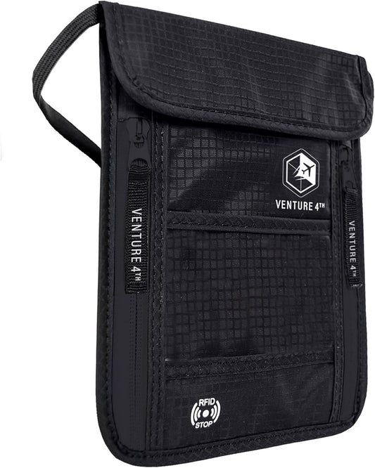 VENTURE 4TH Neck Wallet, RFID Blocking Passport Holder for Travel – Hidden Neck Pouch with 6 Compartments, Slim Lightweight Organizer with Adjustable Strap for Cash, Cards & Passport (Pure Black)