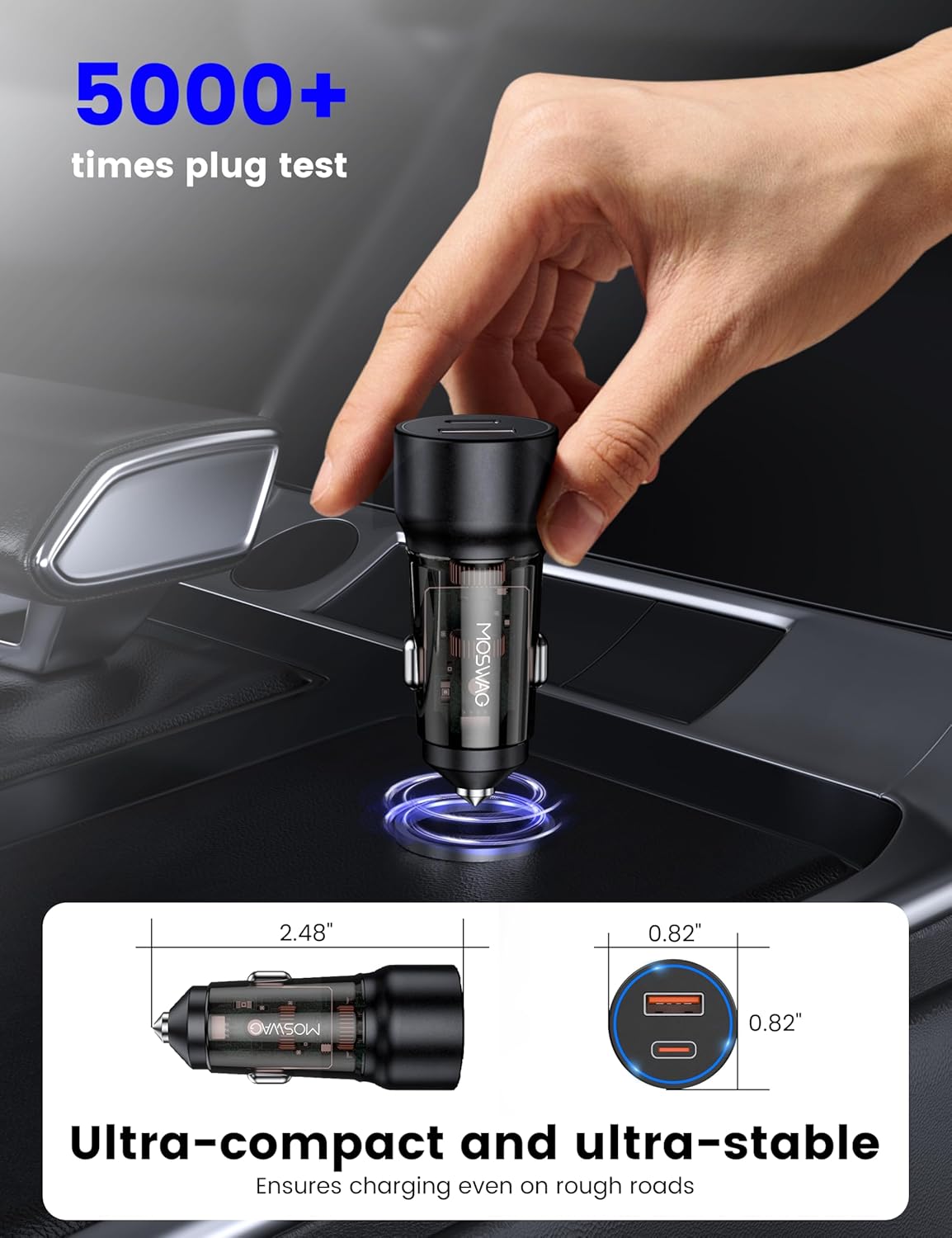 MOSWAG 75W USB C Car Charger PD 45W & QC3.0 Fast Charging Cigarette Lighter for MacBook, iPhone, Samsung, Galaxy, iPad, Google Pixel, LG, Moto, USB-C Port, Black