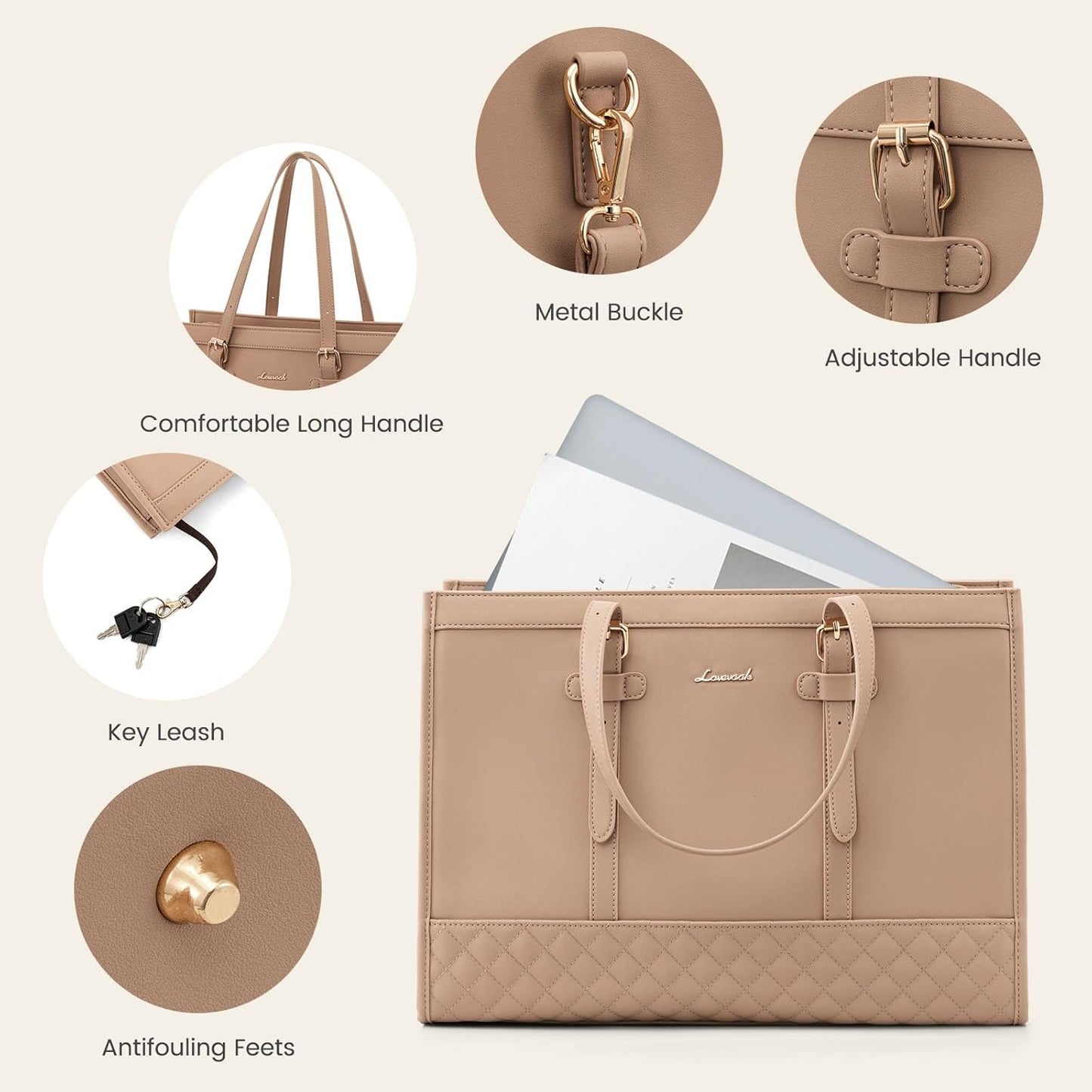LOVEVOOK Fashion Laptop Tote Bag for Women, Khaki