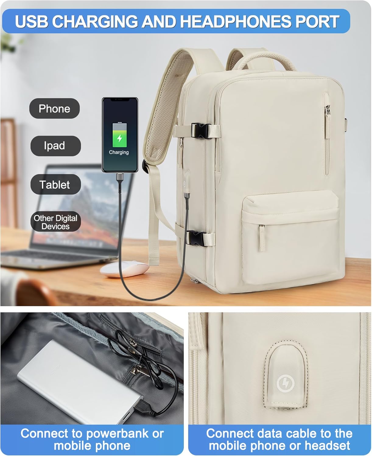 VGCUB Large Travel Backpack Bag for Women Men,Carry on Backpack,17 Inch Laptop Business Work Waterproof Backpack with Laptop Compartment,Person Item Flight Approved,Mochila de Viaje,Beige Expandable