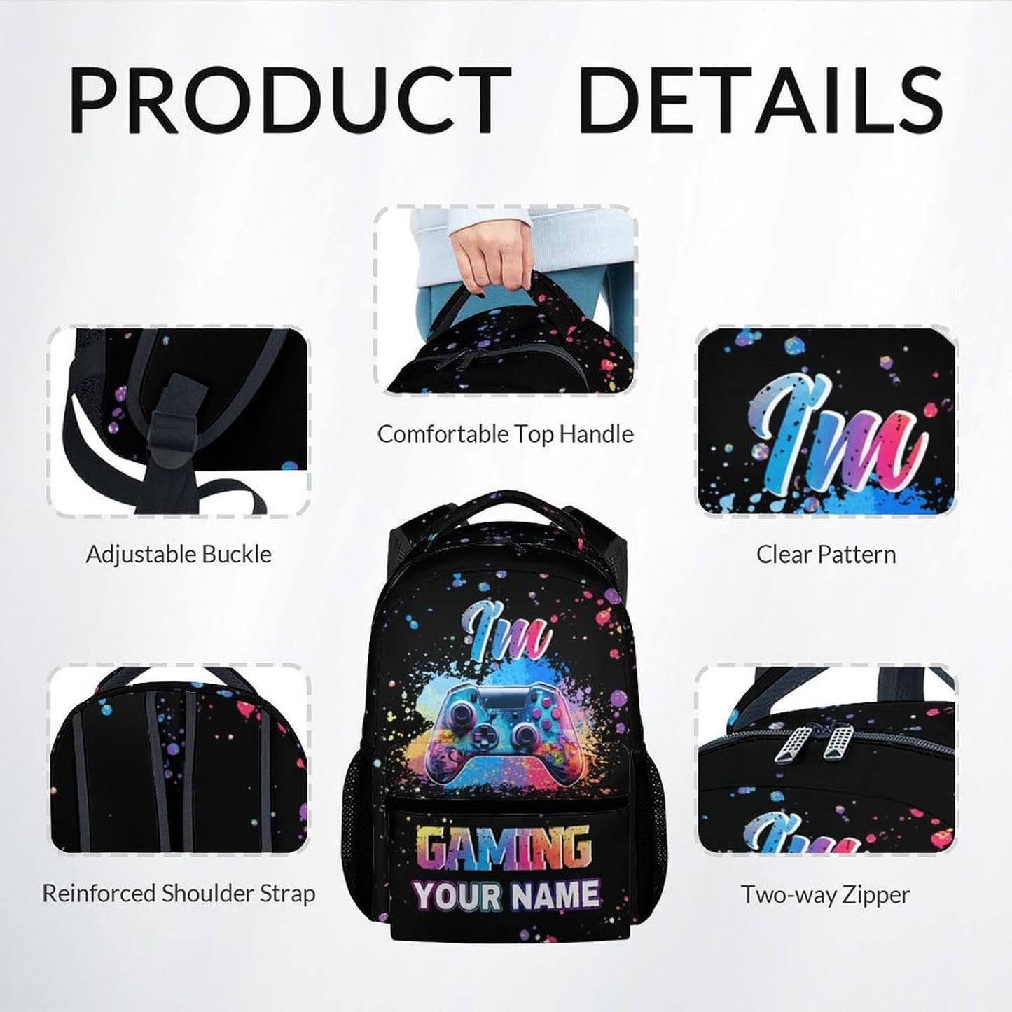 COZYAURA Customized Backpack - Video Gamer Bookbag with Lunch Box for School - Lightweight Black Gaming Backpacks for Boys