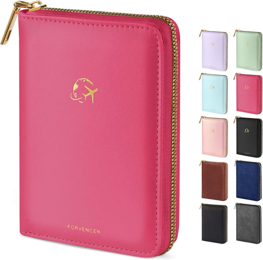 Forvencer Passport Holder Cover with Safe Zipper Closure, Premium Passport Wallet for Travel, Cute RFID Blocking Card Case, Waterproof Travel Accessories for Women, Hot Pink