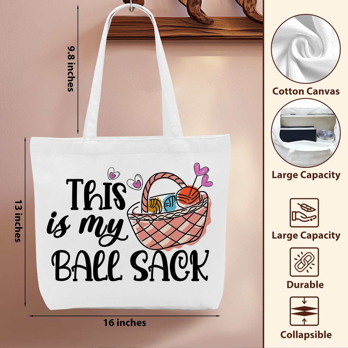 Crochet Knitting Humor Yarn Gifts Canvas Tote Bag, Reusable Grocery Shopping Bags for Crocheters Christmas