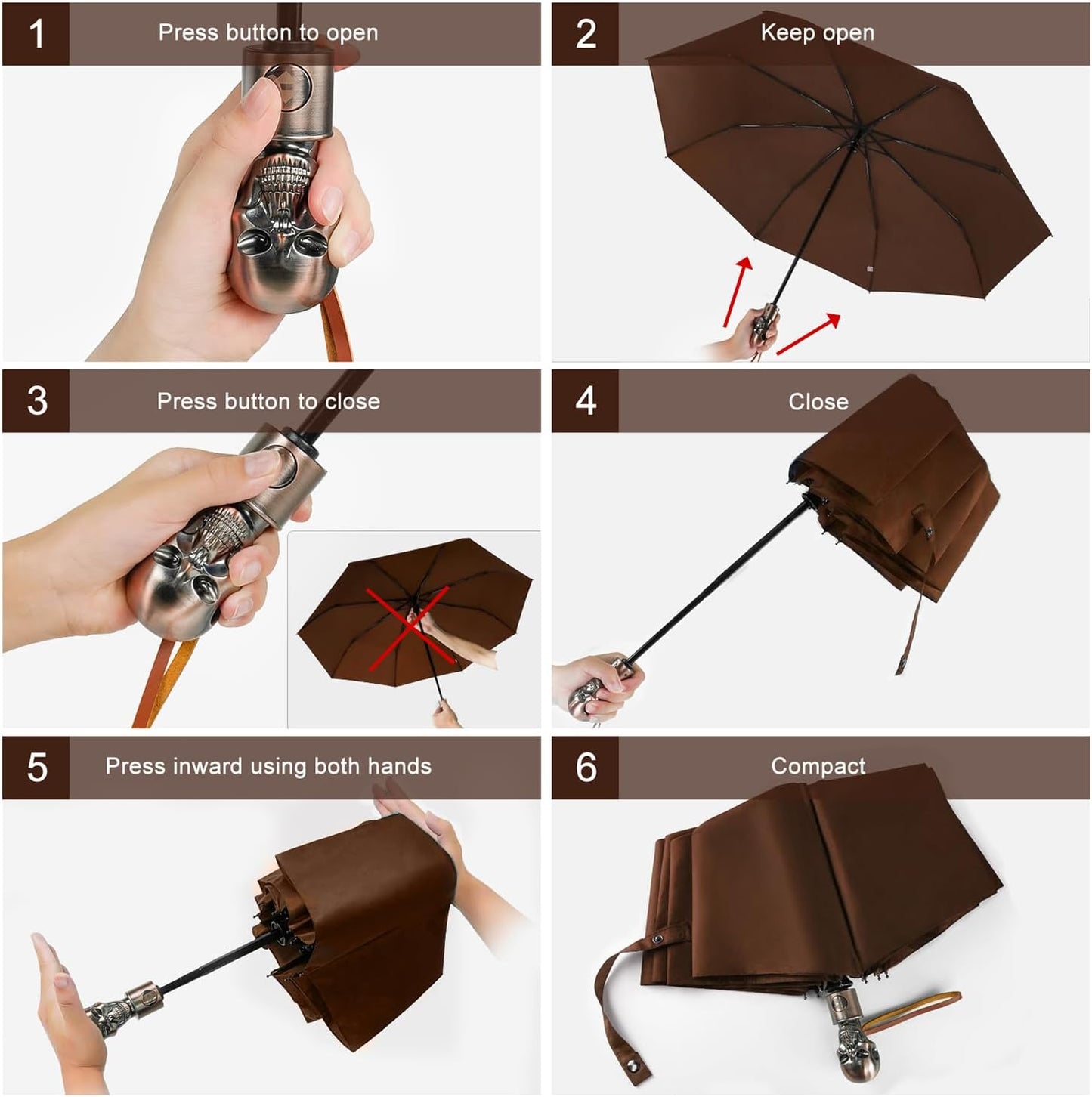 Lejorain Mens Black Skull Umbrella - Automatic Luxury Travel Windproof Umbrella Compact - Portable Strong Lightweight Rain Umbrella for Adults