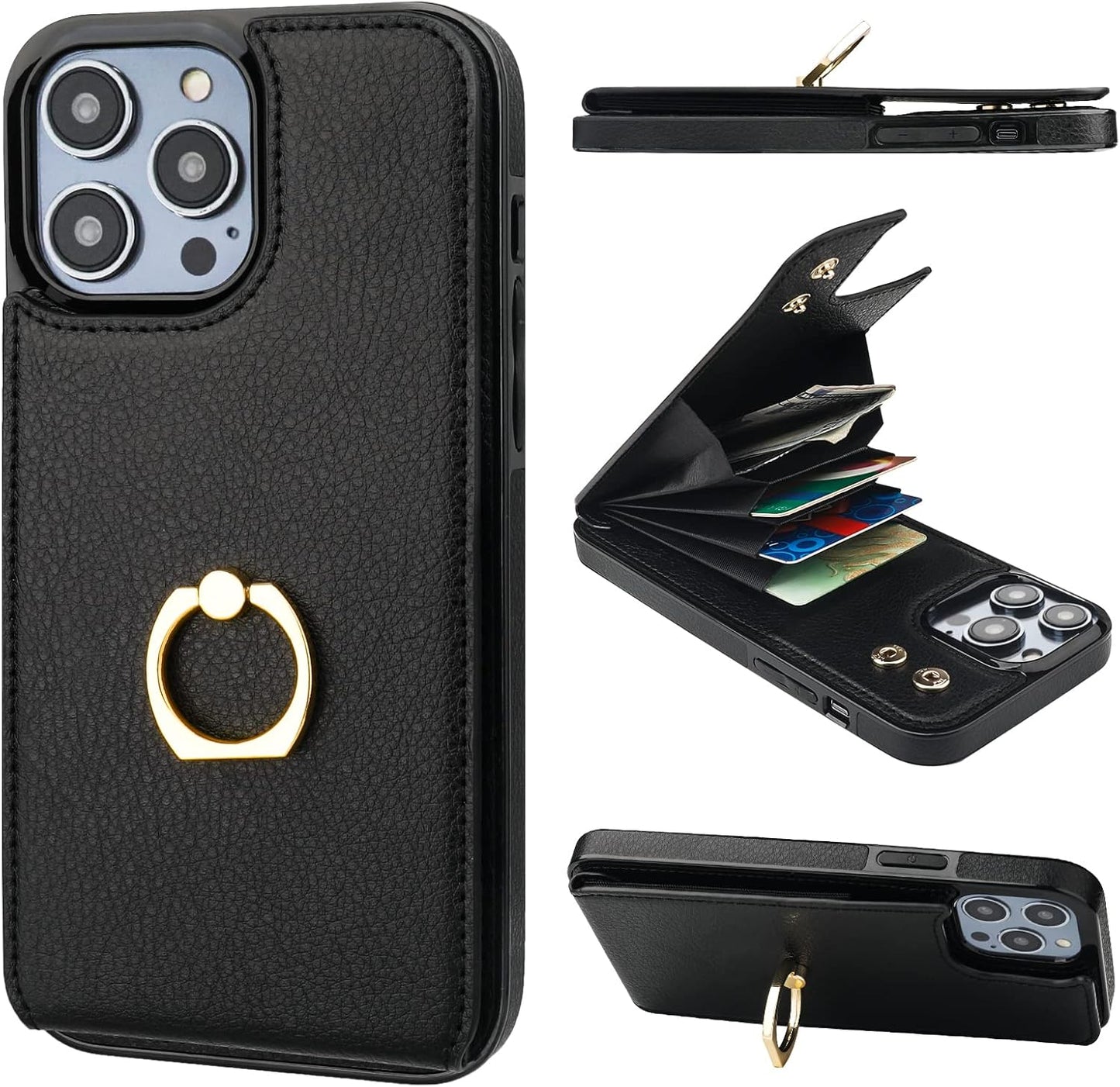 Folosu Compatible with iPhone 14 Pro Max Case Wallet with Card Holder, 360°Rotation Finger Ring Holder Kickstand, RFID Blocking Leather Protective Double Buttons Shockproof Cover 6.7 Inch Black