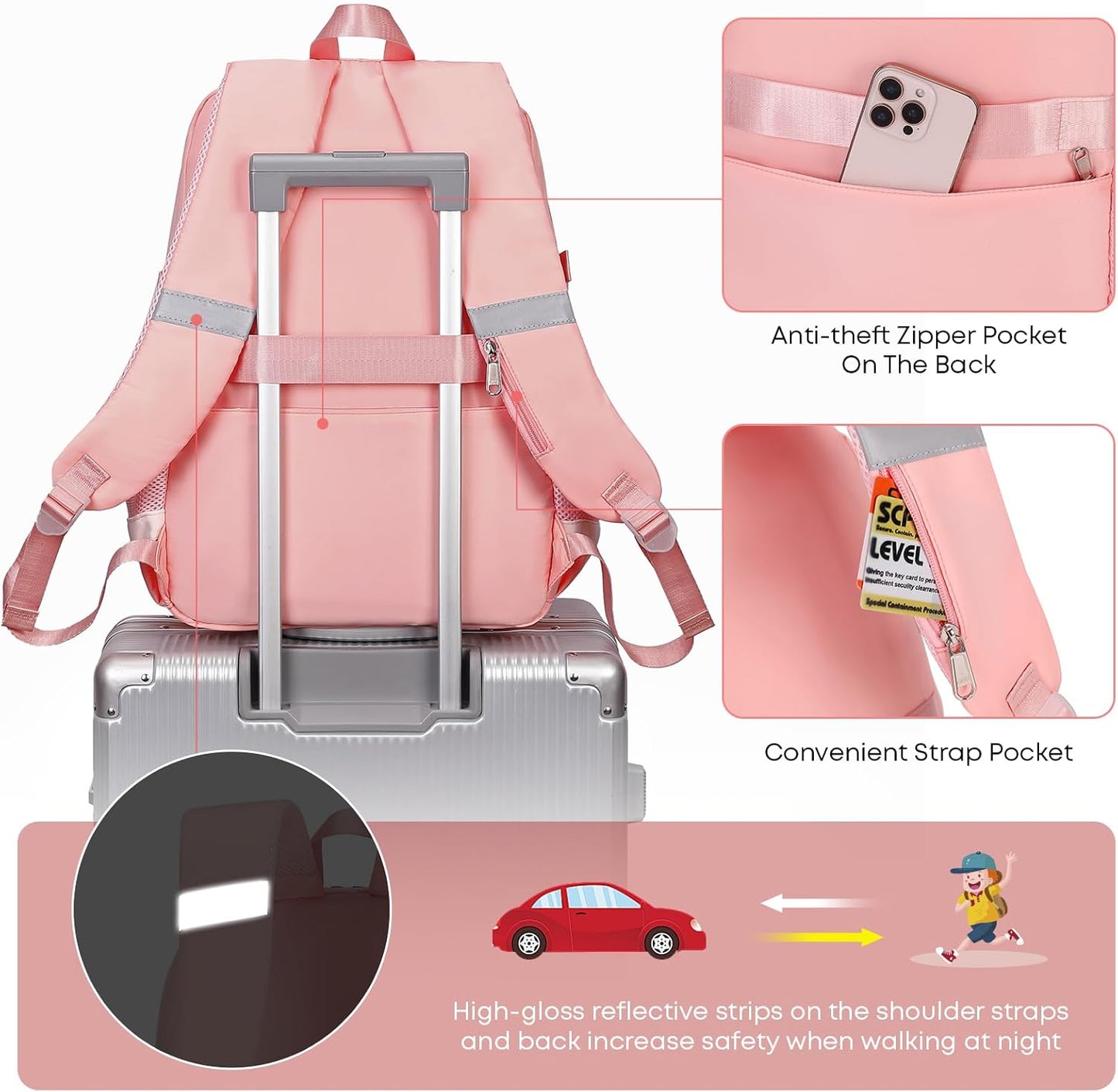 3PCS School Backpack For Student Women College Middle High Teen Girls Bookbag Waterproof Laptop Bag Pink