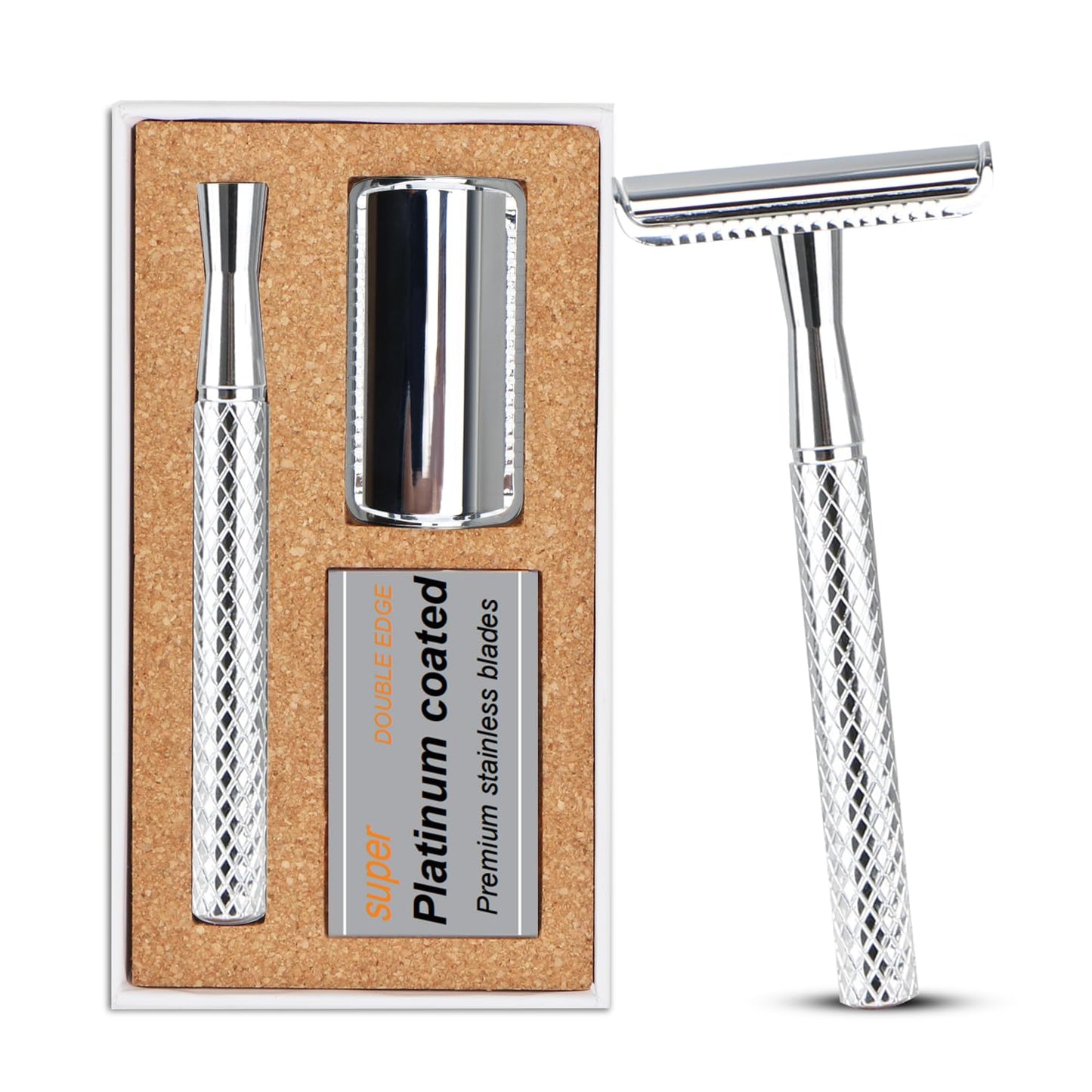 Bright Silver Safety Razor - Single Blade Razors for Men - Reusable Metal Razor, with 5 Stainless Steel Double Edge Blades, Smooth Close Shave, Sustainable, Plastic Free
