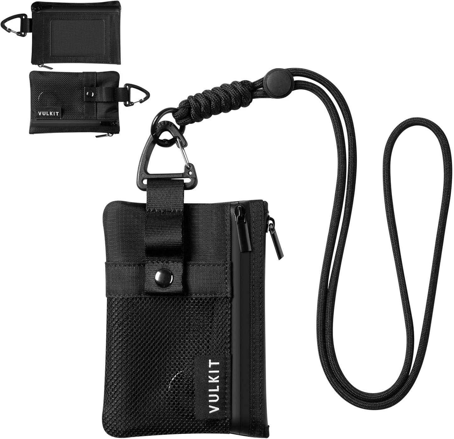 VULKIT Small RFID Wallet for Women & Men – Minimalist Zipper Wallet with ID Window, Keychain & Carabiner, Holds 15 Cards, Water Resistant Travel Lanyard Wallet Black