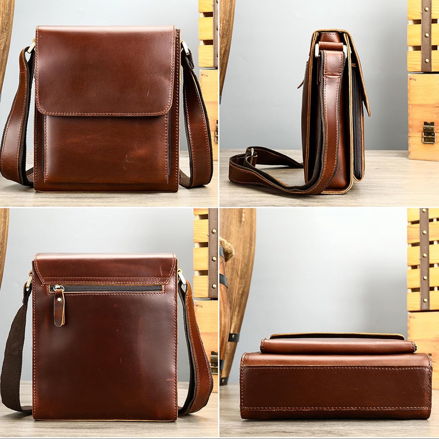 Genuine Leather Messenger Bags Mens Shoulder Crossbody purse Work Business Vintage lager Capacity