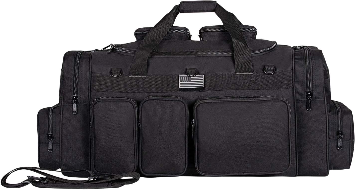 K-Cliffs Tactical Range Duffel Heavy Duty Large Gear Duffle Durable Quality Travel Sports Gym Equipment Bag Military Molle with Lockable Zippers with US Flag Patch 33 Inch Black