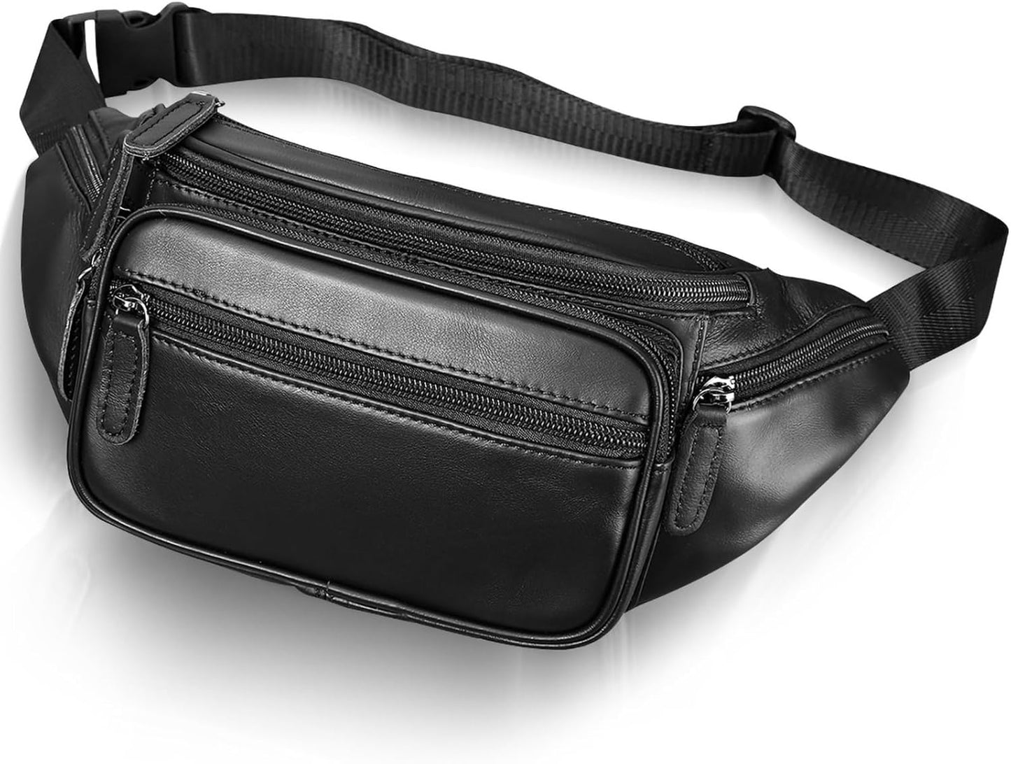 Genuine Leather Fanny Pack Men Women Multi-Pockets sling Waist Bag For Travel Sports Hiking Cycling Fishing Running Black Large