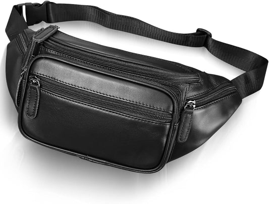 Genuine Leather Fanny Pack Men Women Multi-Pockets sling Waist Bag For Travel Sports Hiking Cycling Fishing Running Black Large