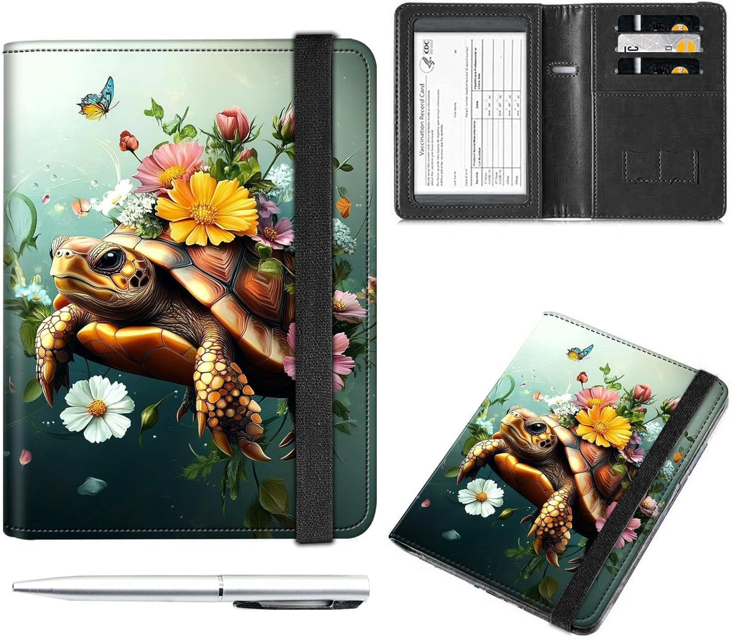 Passport and Vaccine Card Holder Cover Combo,Travel Passport Holder Wallet with RFID Blocking, Leather Vaccine Card Slot Passport Cover Case for Women & Men,Cute Turtle with Flowers