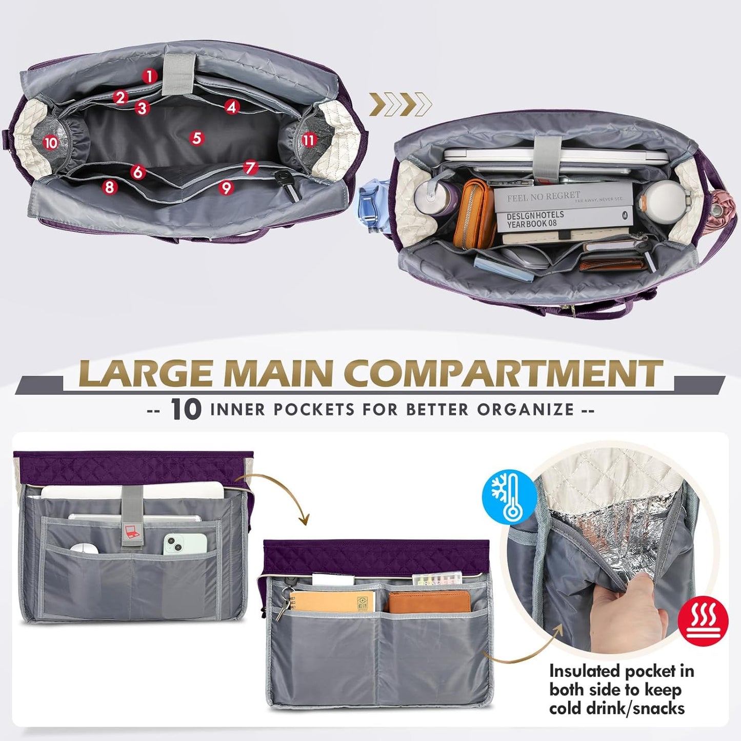 RAINSMORE Teacher Tote Bag 15.6 inch Laptop Bag for Women Work Bags Laptop Tote Nurse Bag Professional Computer Messenger with Insulated Pocket, Laptop Briefcase for Office, College, Purple-white