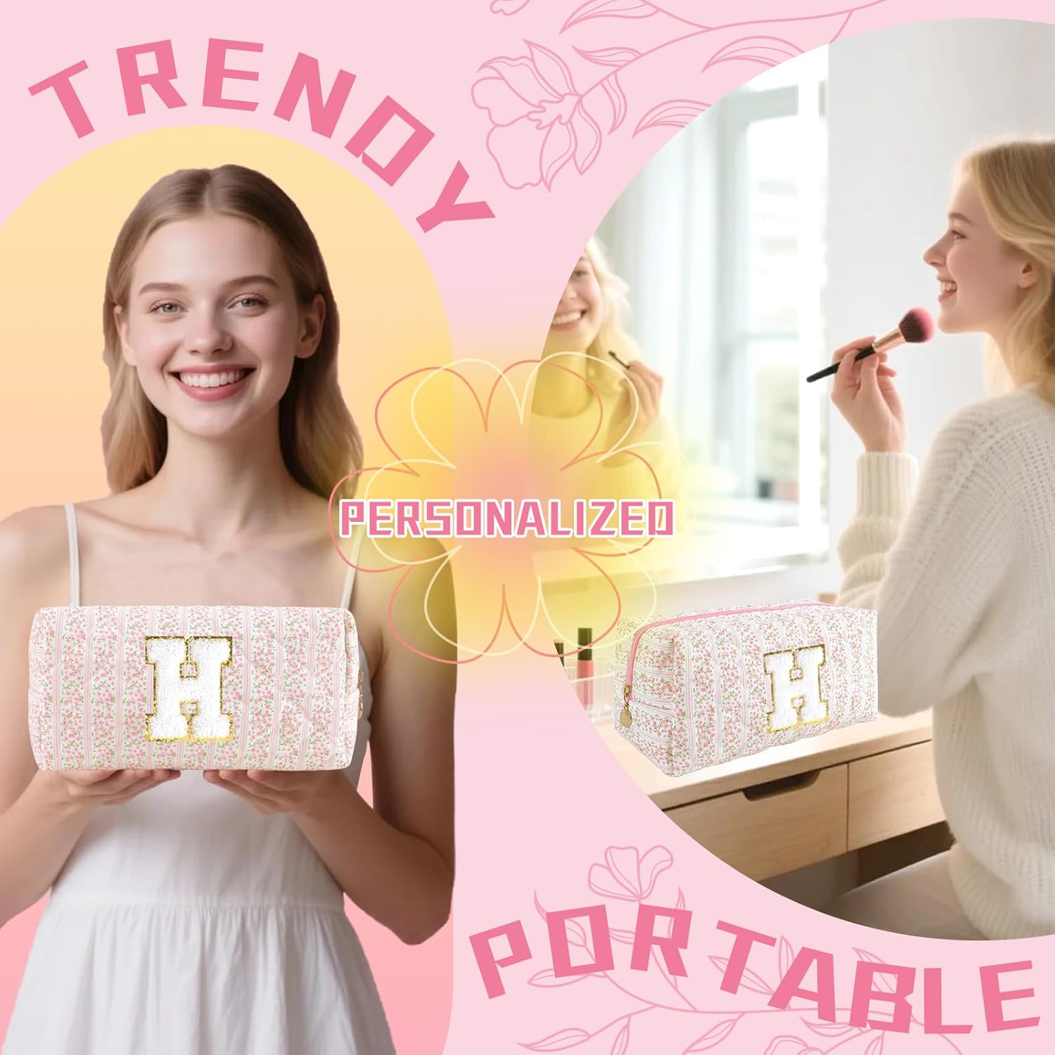 Personalized Quilted Cosmetic Bag, Puffy Monogrammed Christmas Birthday Gifts for Women & Girls