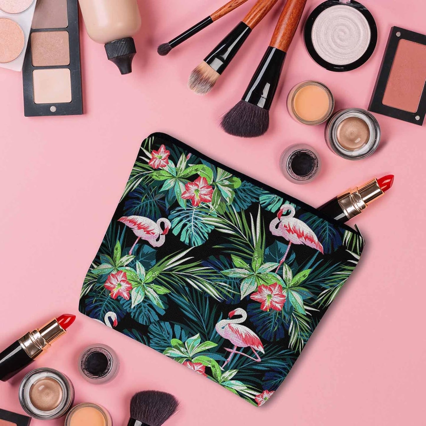 Makeup Bag Purse Flamingo, Tropical Palm Leaves Hibiscus Cosmetic Bags For Women Flamingo Pink