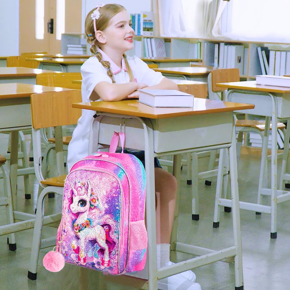 UFNDC 3PCS Backpack for Girls with Lunch Box,16”Kids Sequin Bookbag with Lunch Box, School Bag for Elementary Toddler