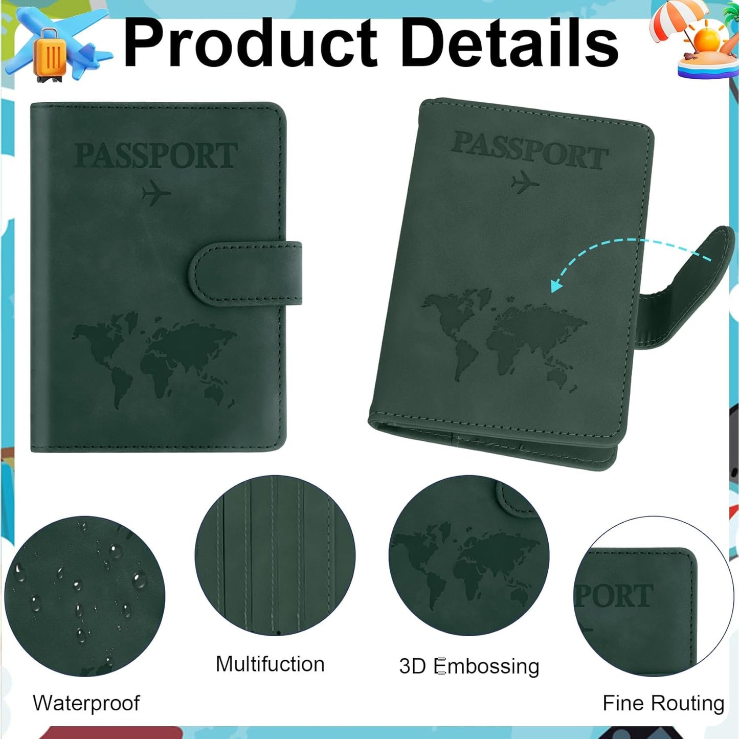 Passport Holder for Travel Essentials, Dark Green Leather Passport Cover, Passport Wallet Holders for Women Men Family Travel Gifts Must Have Accessories, Credit Card Cash Air Ticket Storage Supplies