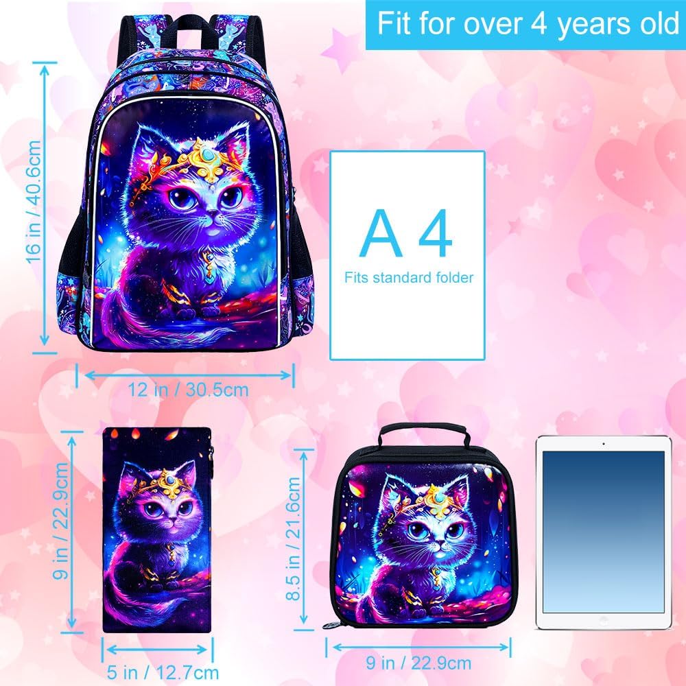 CCJPX 3PCS Cat Backpack for Girls, 16" Kids Preschool School Bookbag with Lunch Box for Toddler Elementary Kindergarten