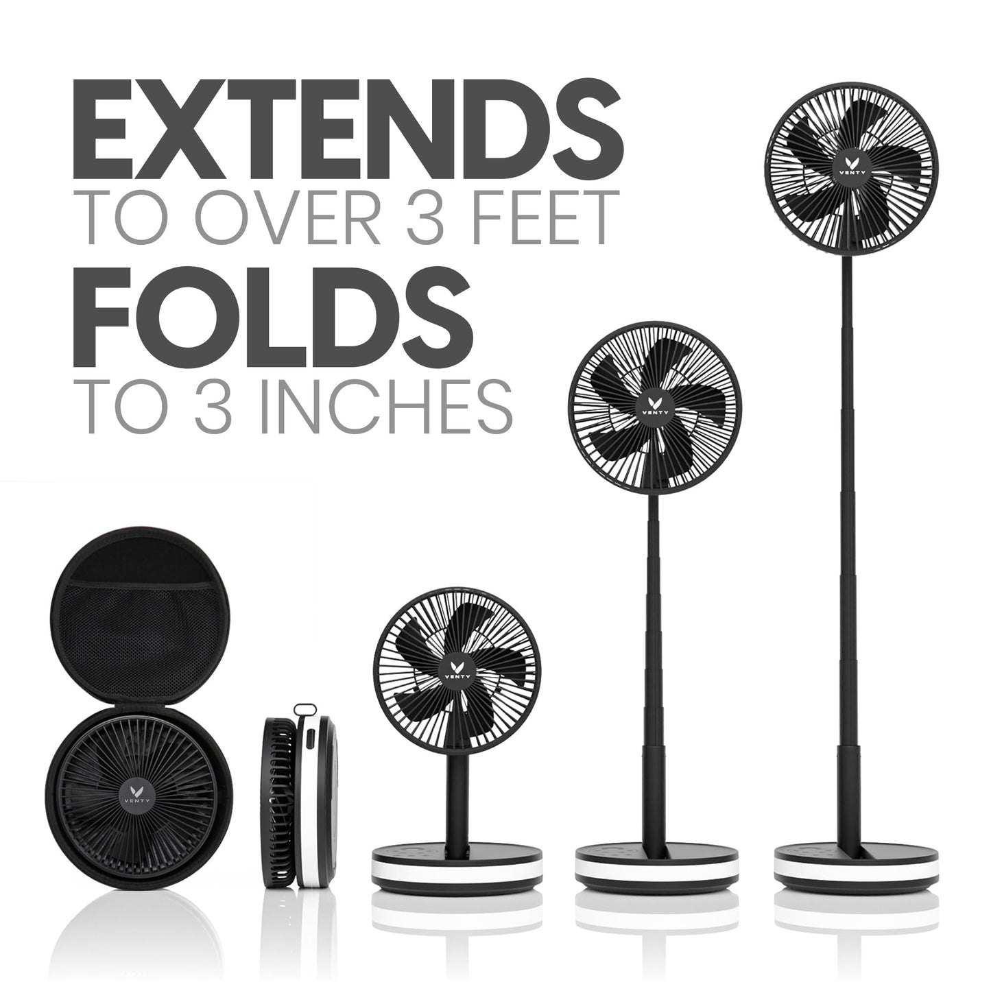VENTY Portable Fan - Wireless Battery Operated Fan - 4 Speeds - LED Lighting - Carry Case & Remote