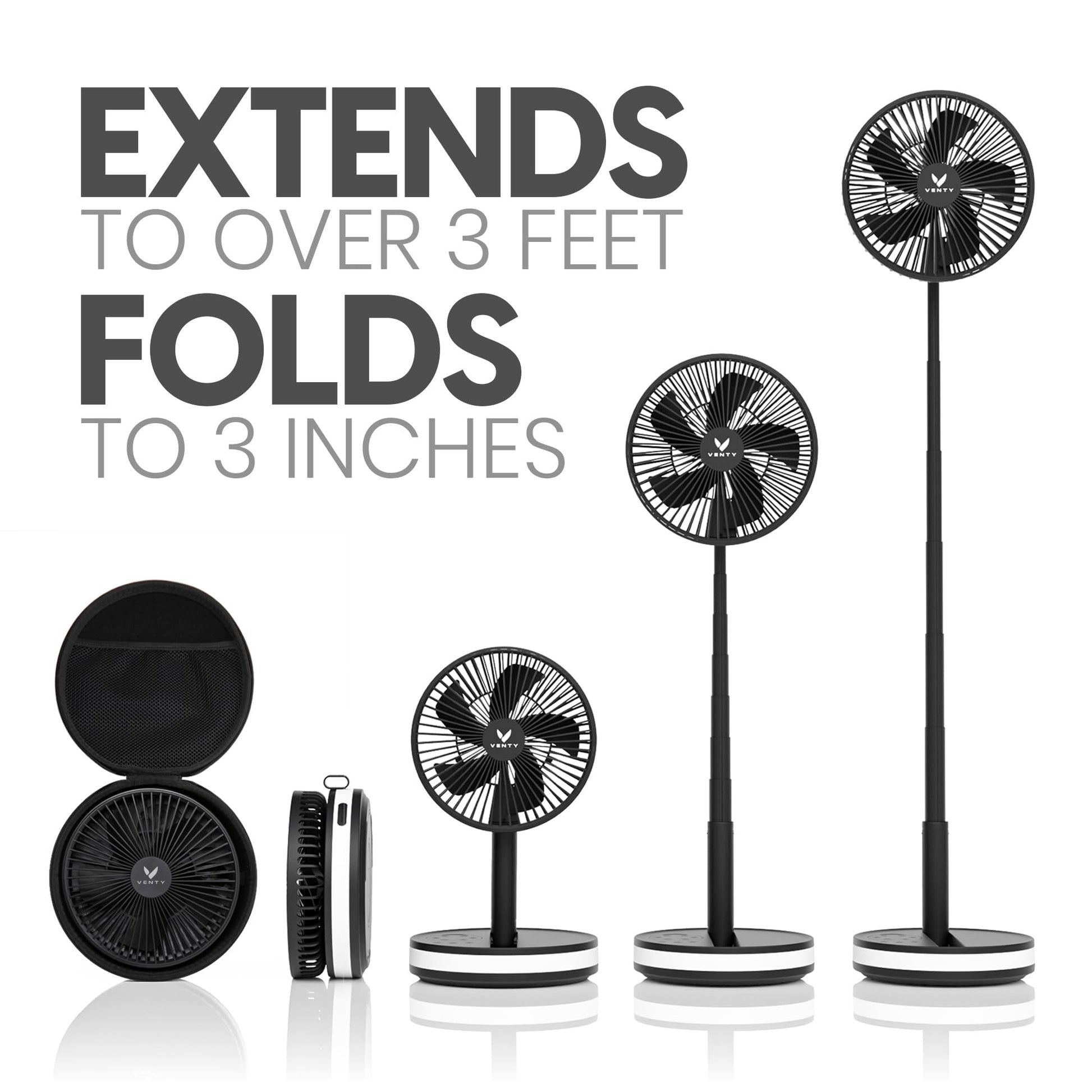 VENTY Portable Fan - Wireless Battery Operated Fan - 4 Speeds - LED Lighting - Carry Case & Remote