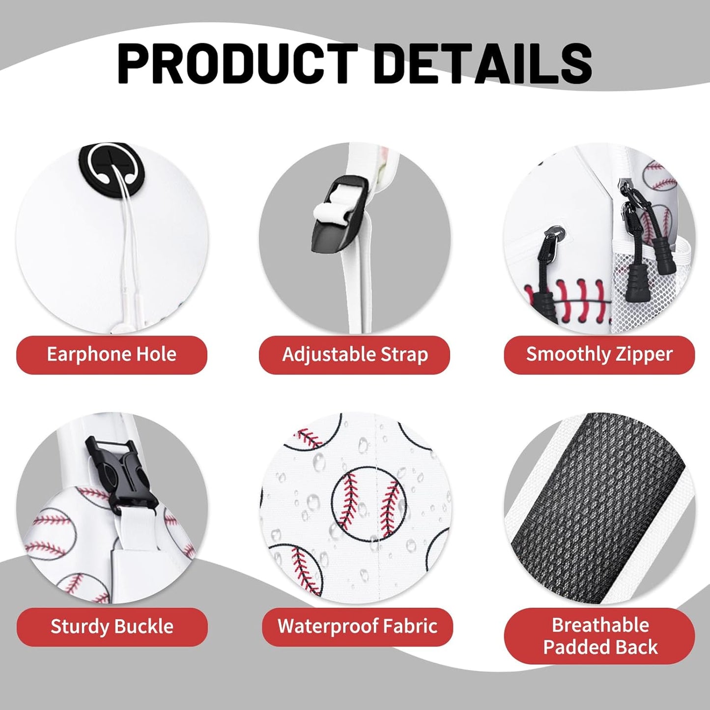 White Baseball Sling Bag Crossbody Chest Bag for Women Men, Water Resistant Lightweight Casual Crossbody Bag with Adjustable Strap, Travel Hiking Daypack Shoulder Backpack