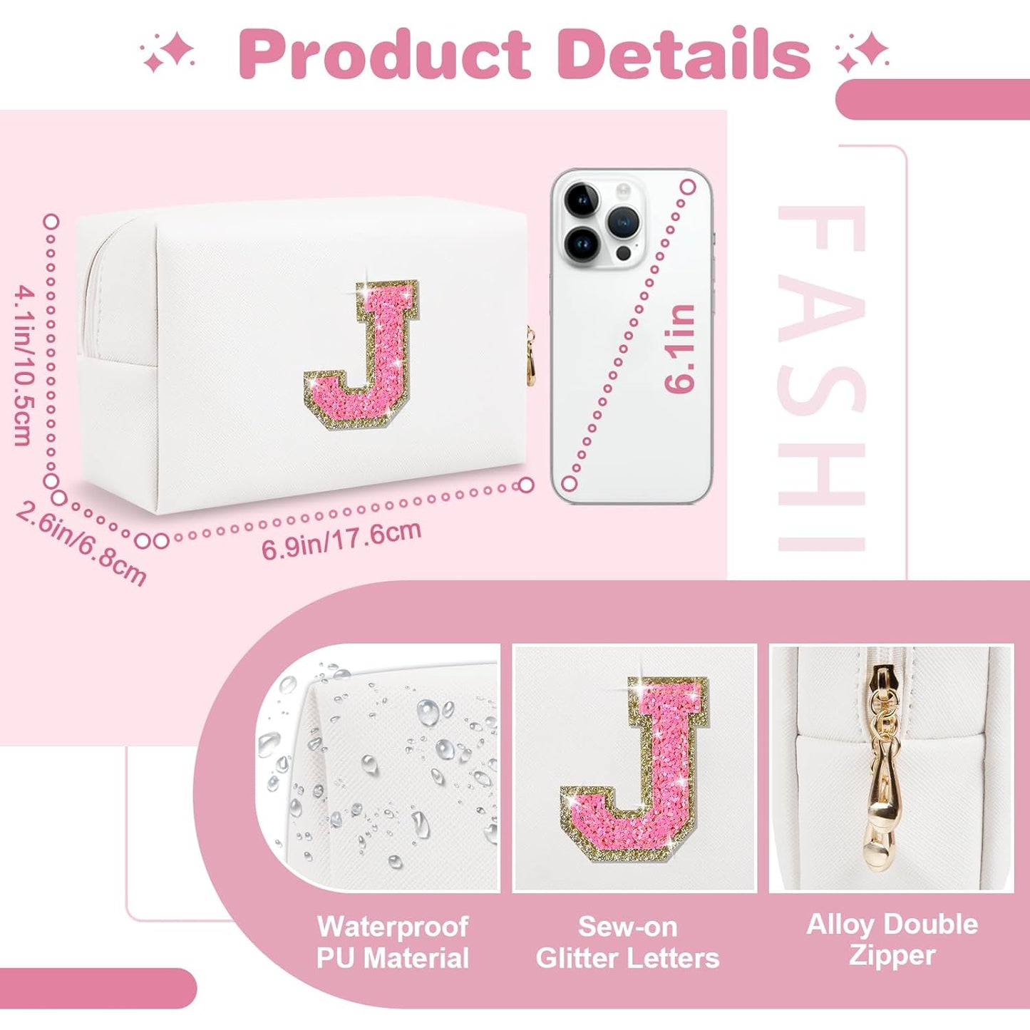 Small Personalized Initial A-Z Patch Makeup Bag,White Cute PU Leather Glitter Letter Cosmetic Bag for Teen Girls,Travel Toiletry Bag with Zipper,Preppy Monogrammed Birthday Gift for Daughter Niece J